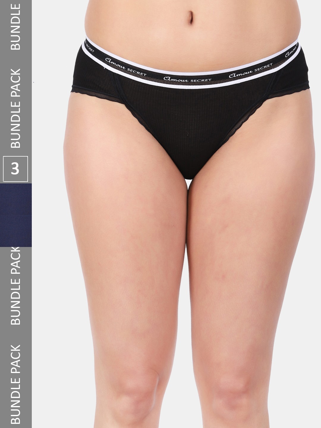 Amour Secret Women Pack Of 3 Striped Breathable Bikini Briefs, Navy blue