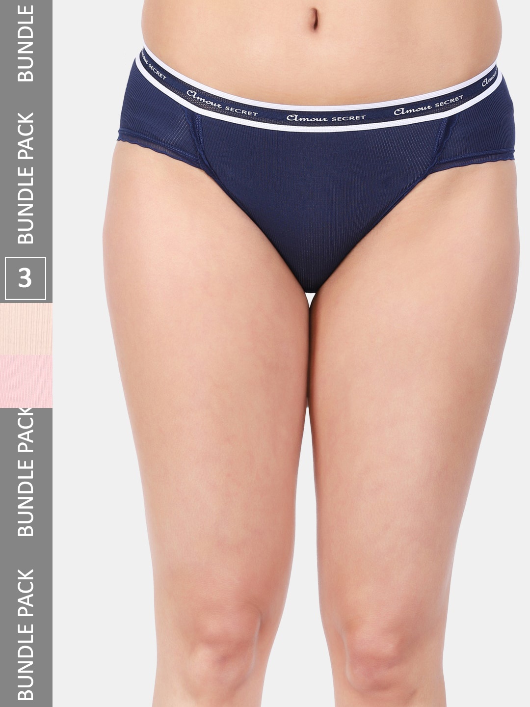 

Amour Secret Women Pack Of 3 Striped Anti-Bacterial Mid-Rise Bikini Briefs, Blue