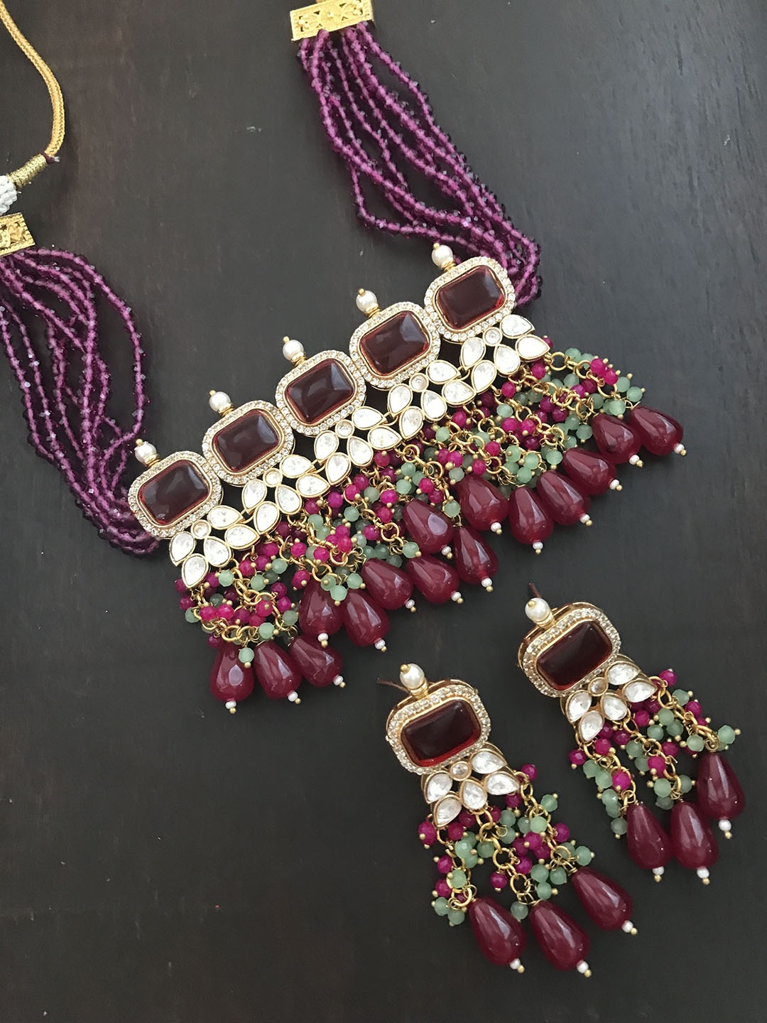 

The Opal Factory Gold-Plated Kundan-Studded & Beaded Jewellery Set, Maroon