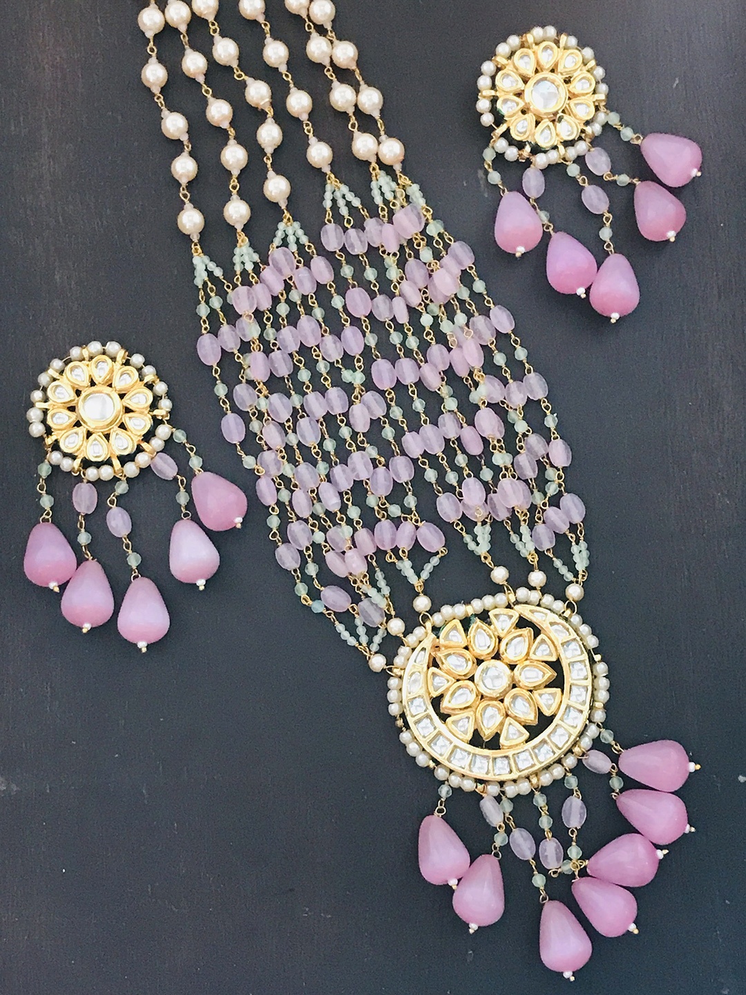 

The Opal Factory Gold-Plated Stone Studded & Beaded Jewellery Set, Pink