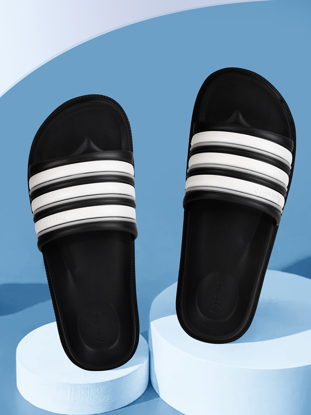 

Aqualite Men Striped Synthetic Sliders, Black
