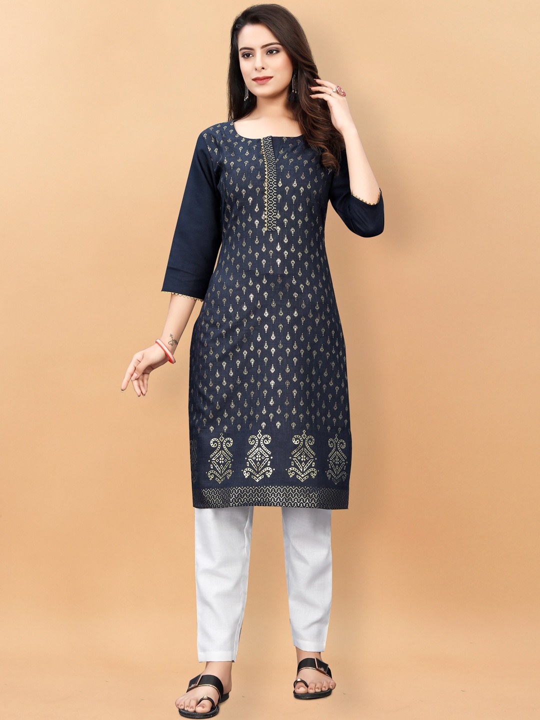 

KALINI Ethnic Motifs Printed Pure Cotton Kurta with Trousers, Navy blue