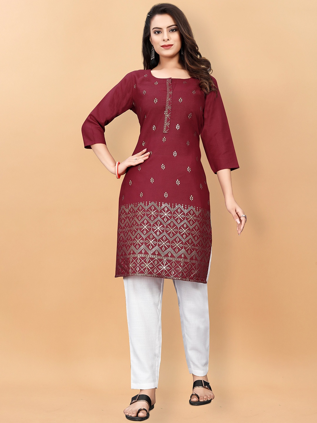 

KALINI Ethnic Motifs Printed Pure Cotton Kurta with Trousers, Maroon