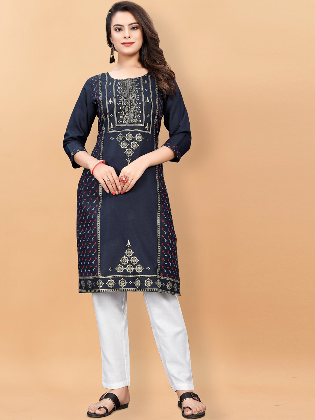 

KALINI Ethnic Motifs Printed Pure Cotton Kurta with Trousers, Navy blue