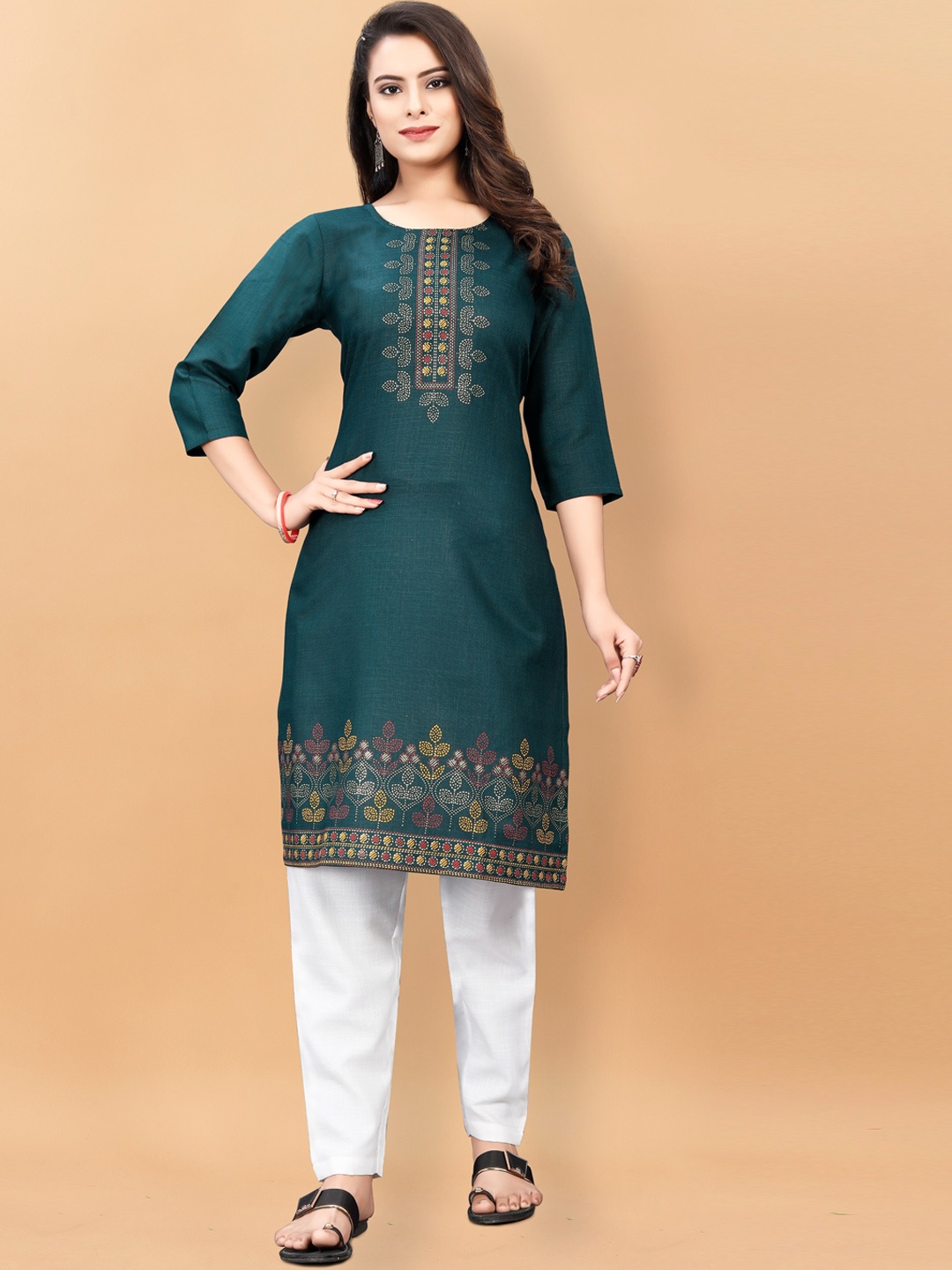

KALINI Ethnic Motifs Printed Pure Cotton Kurta with Trousers, Green