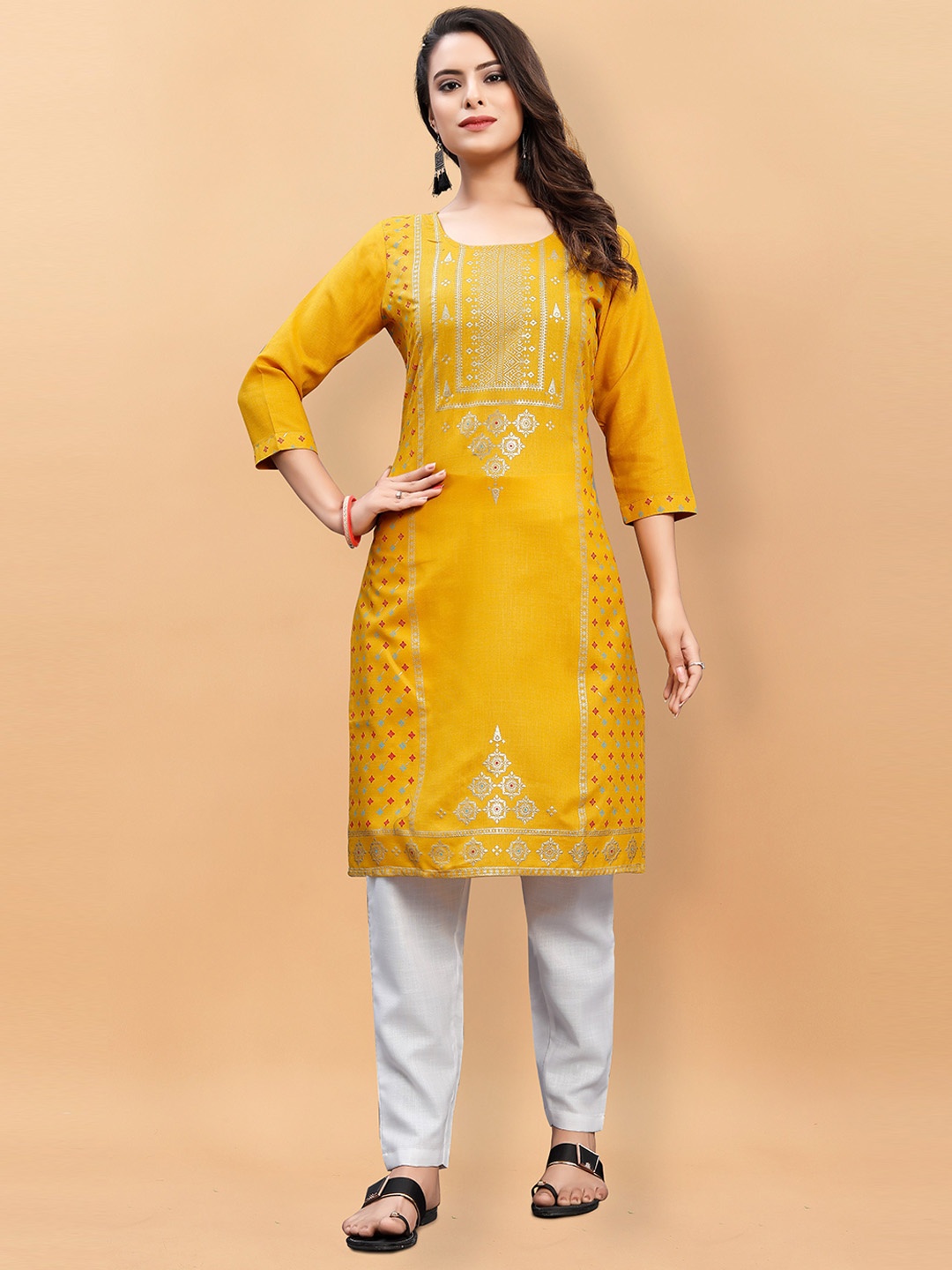 

KALINI Ethnic Motifs Printed Foil Pure Cotton Kurta with Trousers, Yellow