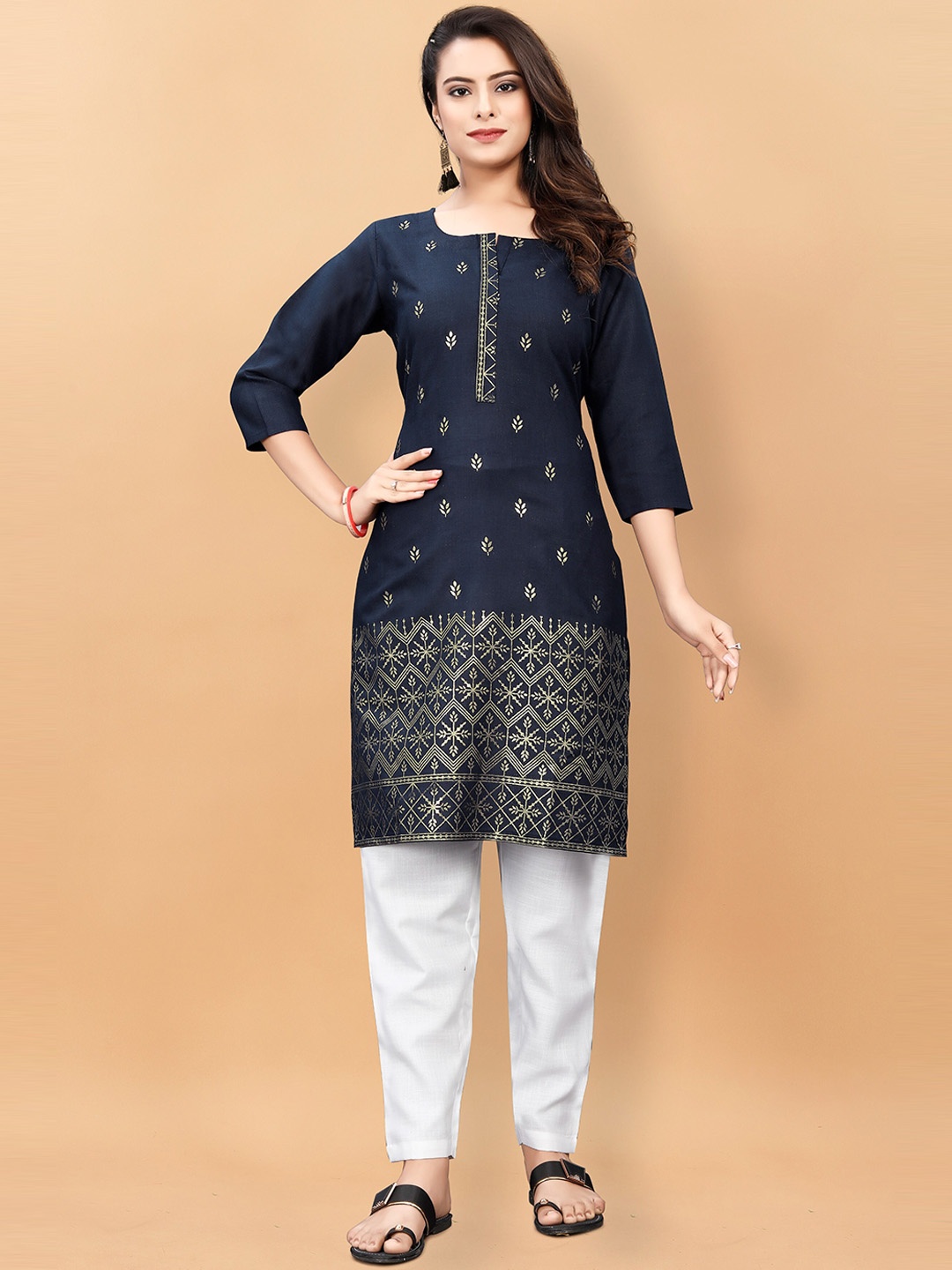 

KALINI Ethnic Motifs Printed Pure Cotton Kurta with Trousers, Navy blue