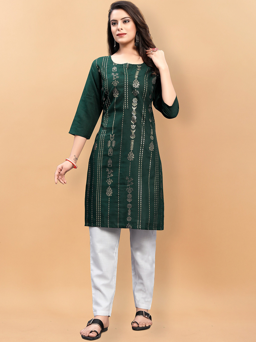 

KALINI Ethnic Motifs Printed Pure Cotton Kurta with Trousers, Green