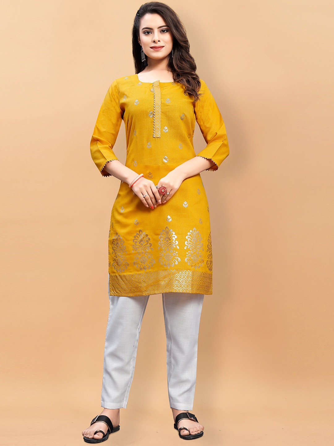 

KALINI Ethnic Motifs Printed Foil Gotta Patti Straight Pure Cotton Kurta with Trousers, Yellow