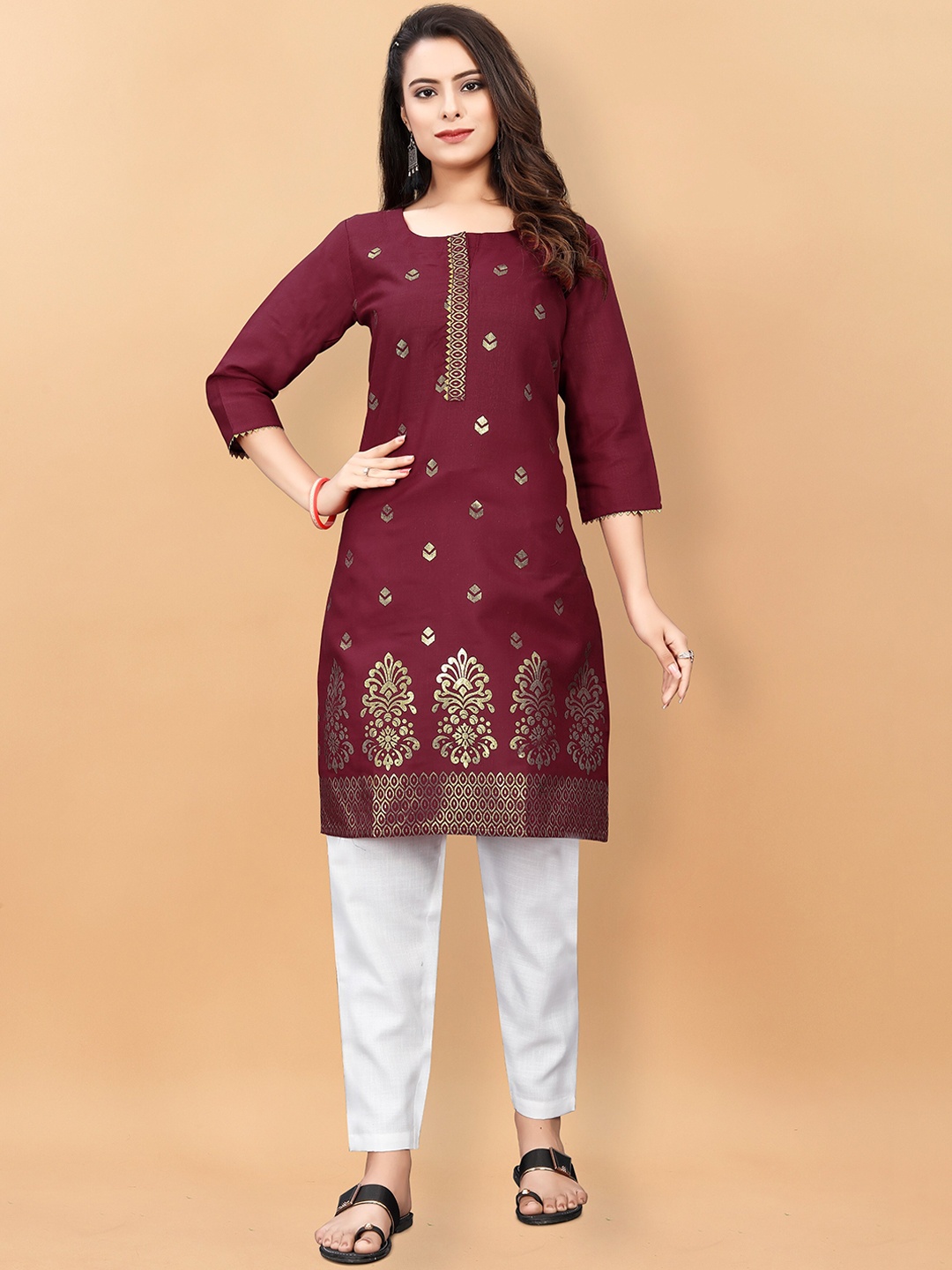 

KALINI Ethnic Motifs Printed Pure Cotton Kurta with Trousers, Maroon