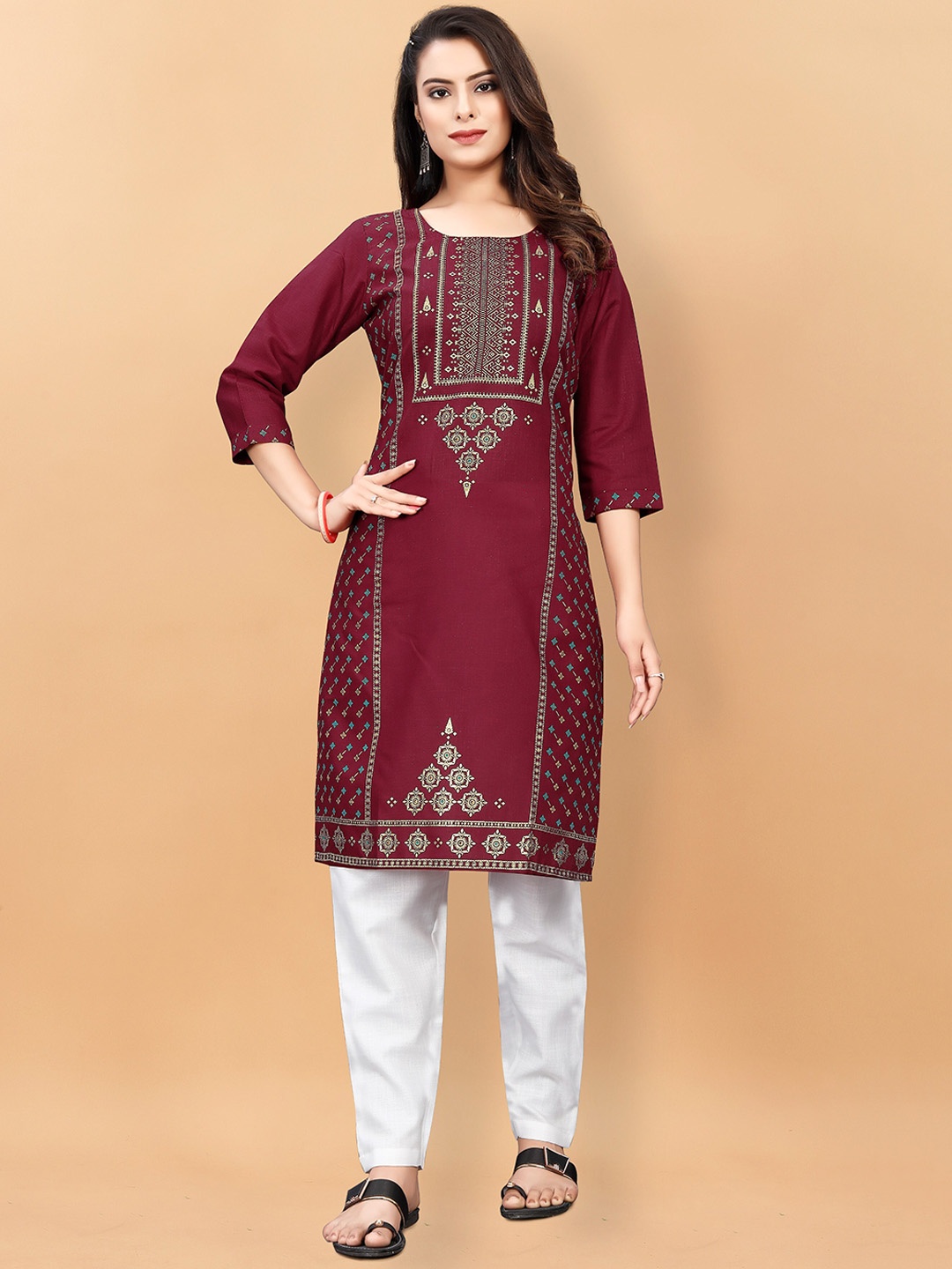 

KALINI Ethnic Motifs Printed Pure Cotton Kurta with Trousers, Maroon