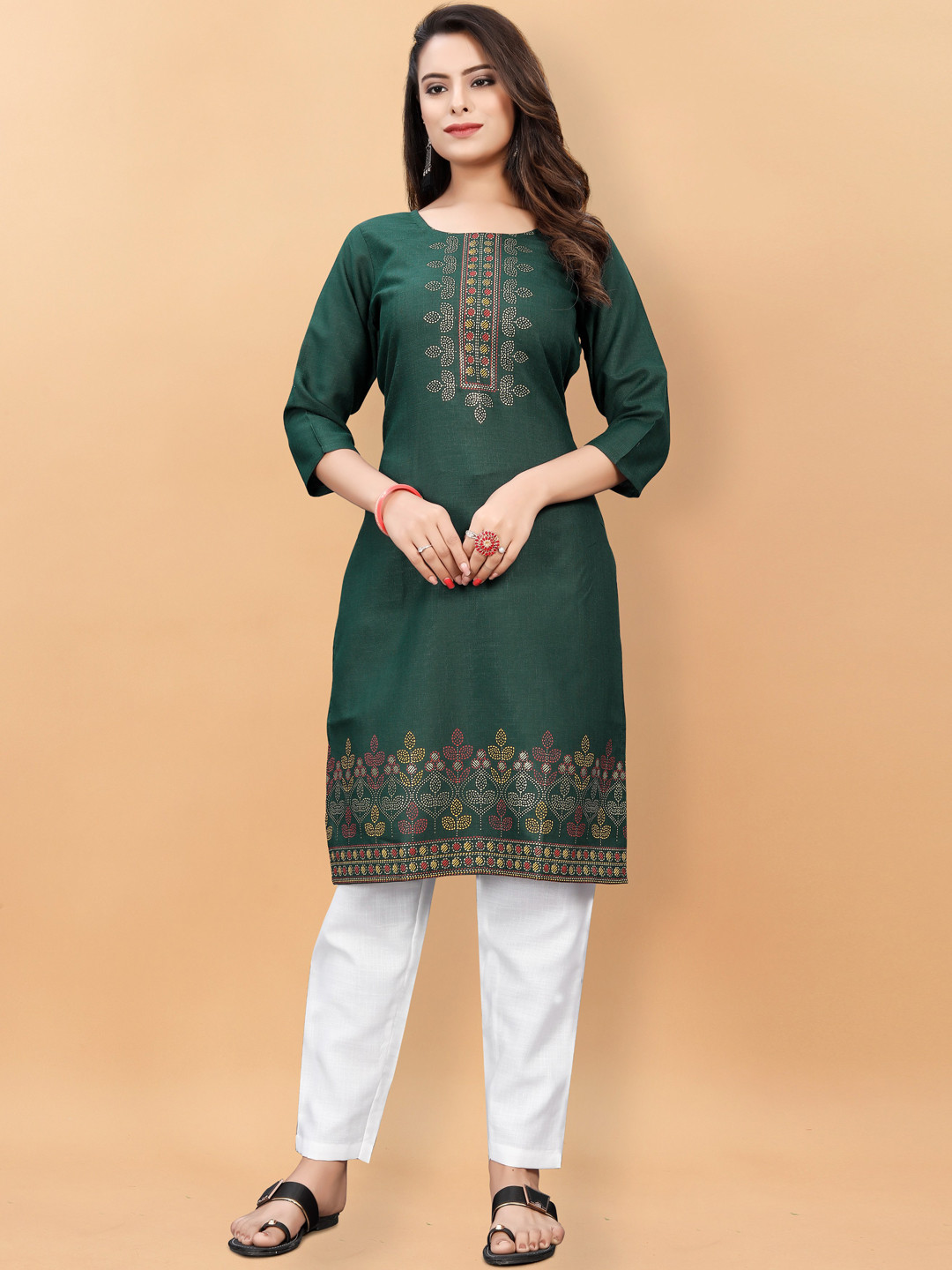 

KALINI Ethnic Motifs Printed Pure Cotton Kurta with Trousers, Green
