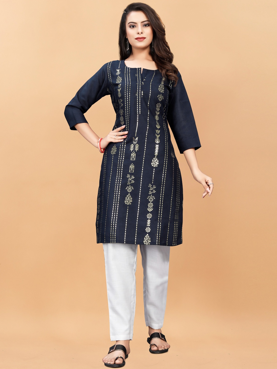 

KALINI Ethnic Motifs Printed Pure Cotton Kurta with Trousers, Navy blue