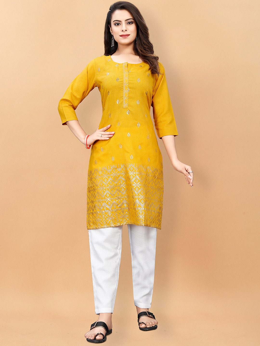 

KALINI Ethnic Motifs Printed Pure Cotton Kurta with Trousers, Mustard