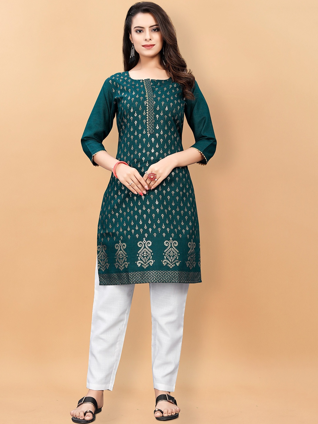 

KALINI Ethnic Motifs Printed Gotta Patti Pure Cotton Kurta with Trousers, Teal