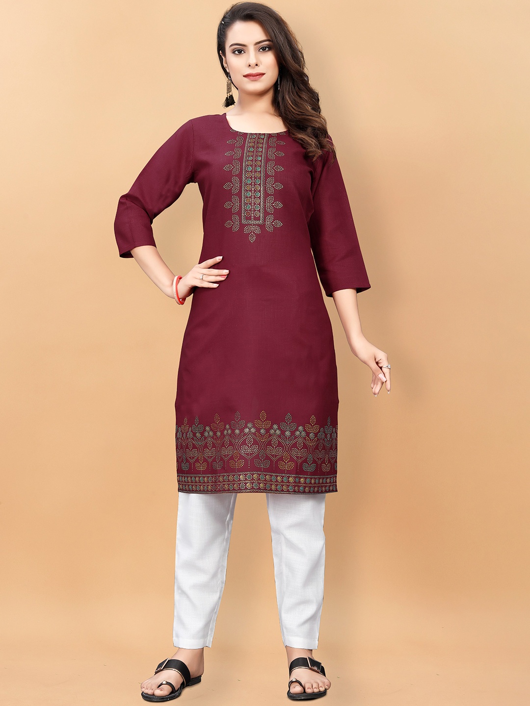 

KALINI Ethnic Motifs Printed Pure Cotton Kurta with Trousers, Maroon