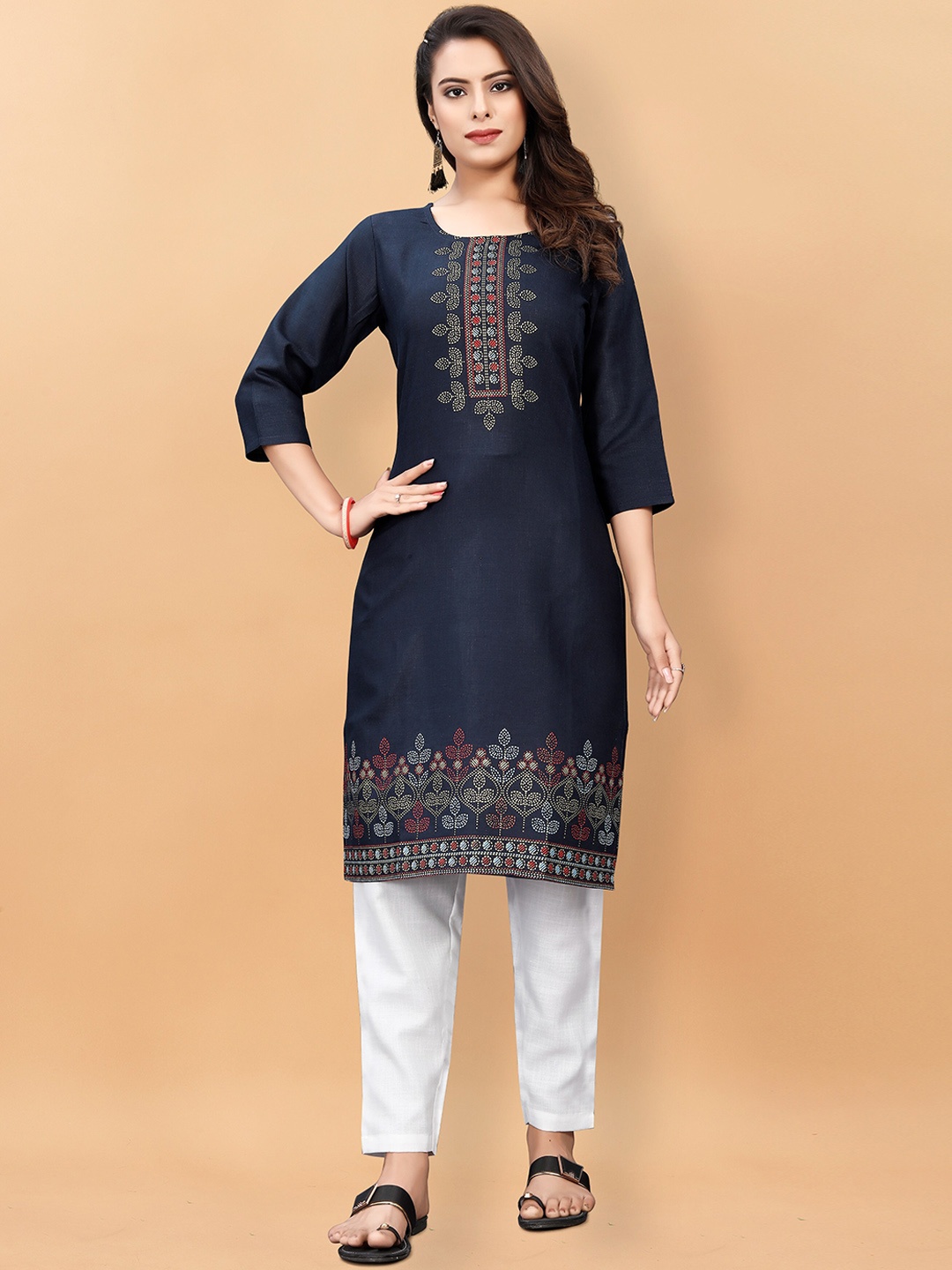 

KALINI Ethnic Motifs Printed Straight Pure Cotton Kurta with Trousers, Navy blue