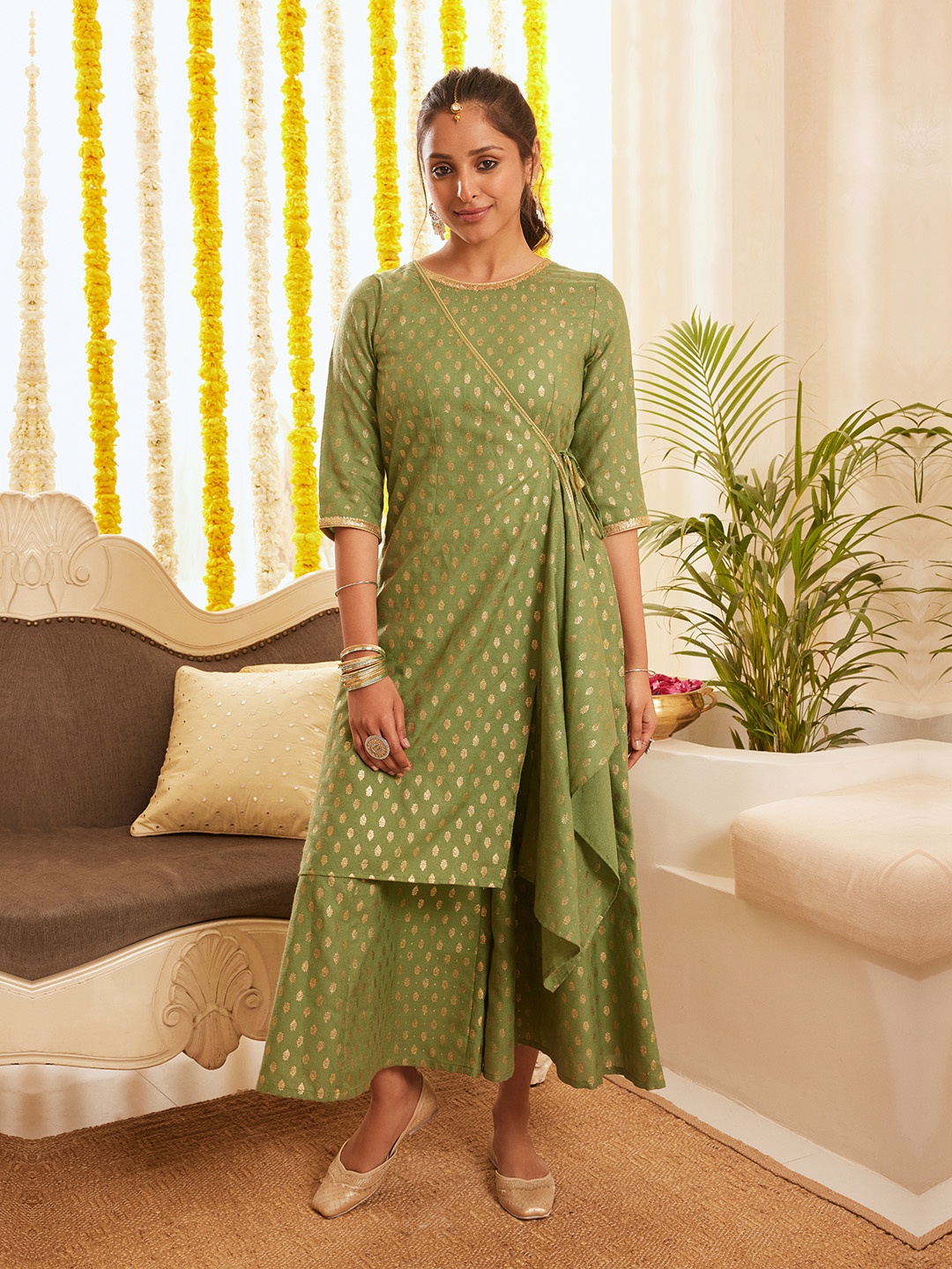 

AURELIA Woven Design Culotte Jumpsuit With Layered, Green