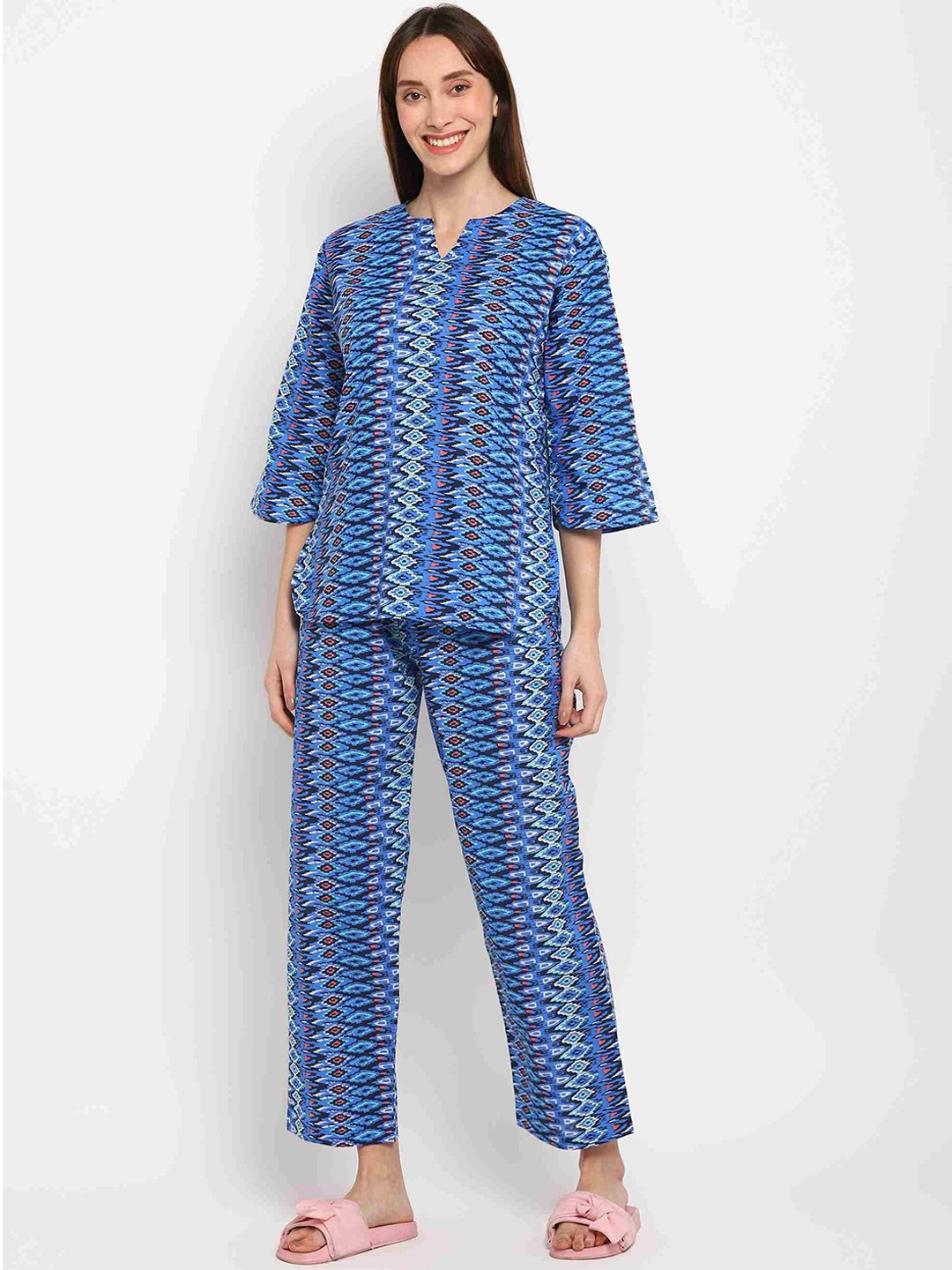 

shopbloom Ethnic Motifs Printed Pure Cotton Night Suit, Blue