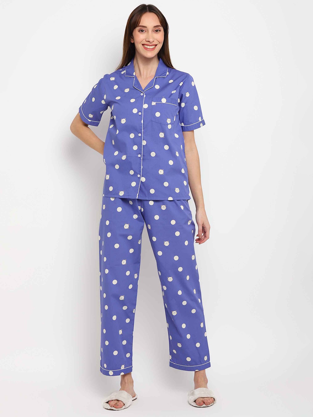 

shopbloom Polka Dots Printed Pure Cotton Night Suit, White