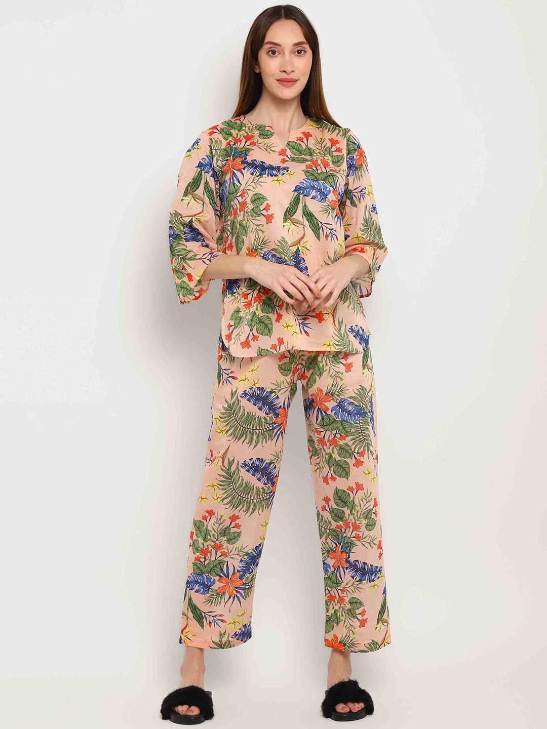 

shopbloom Women Orange & Blue Printed Night suit