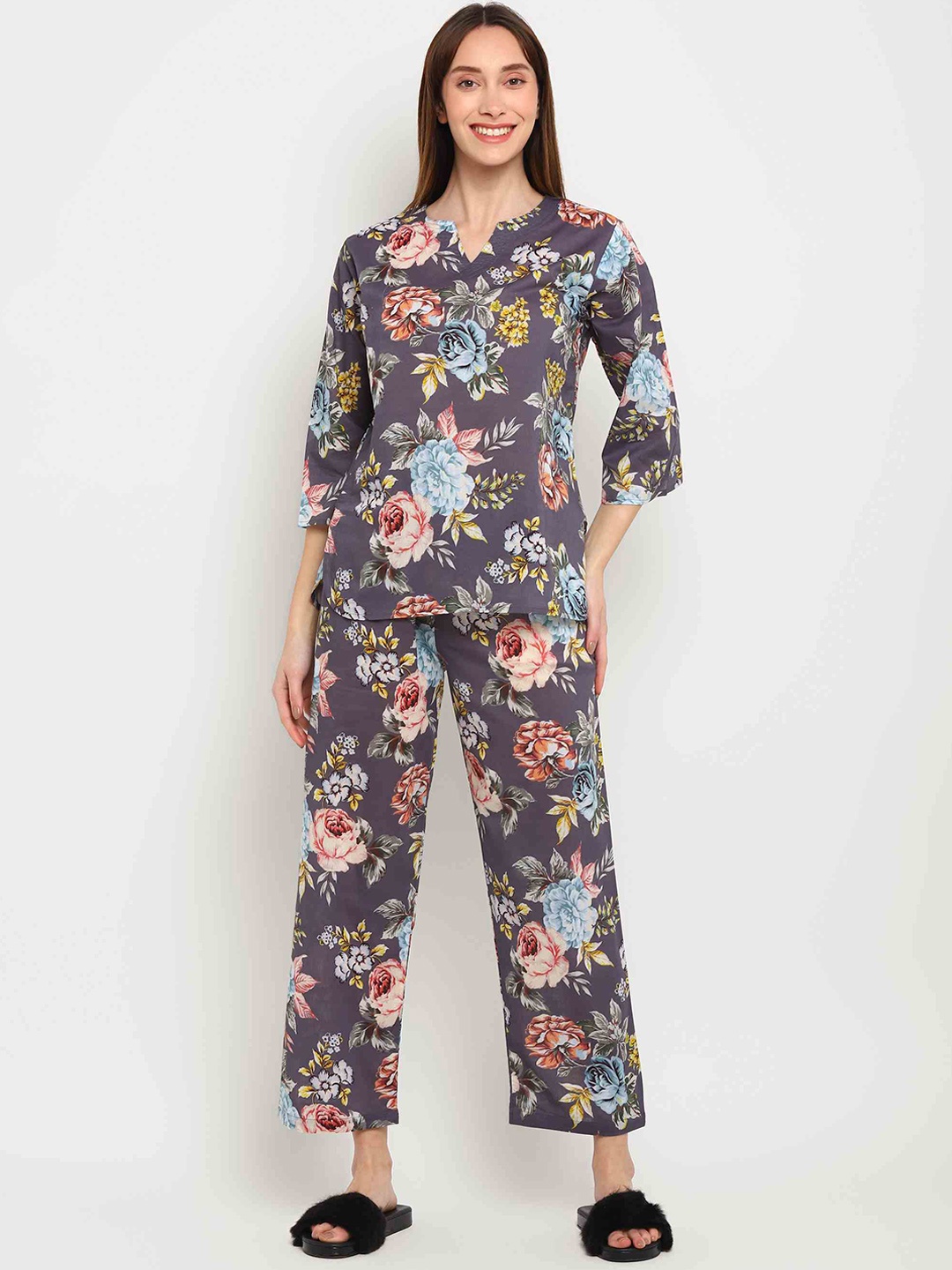 

shopbloom Floral Printed Pure Cotton Night Suit, Purple