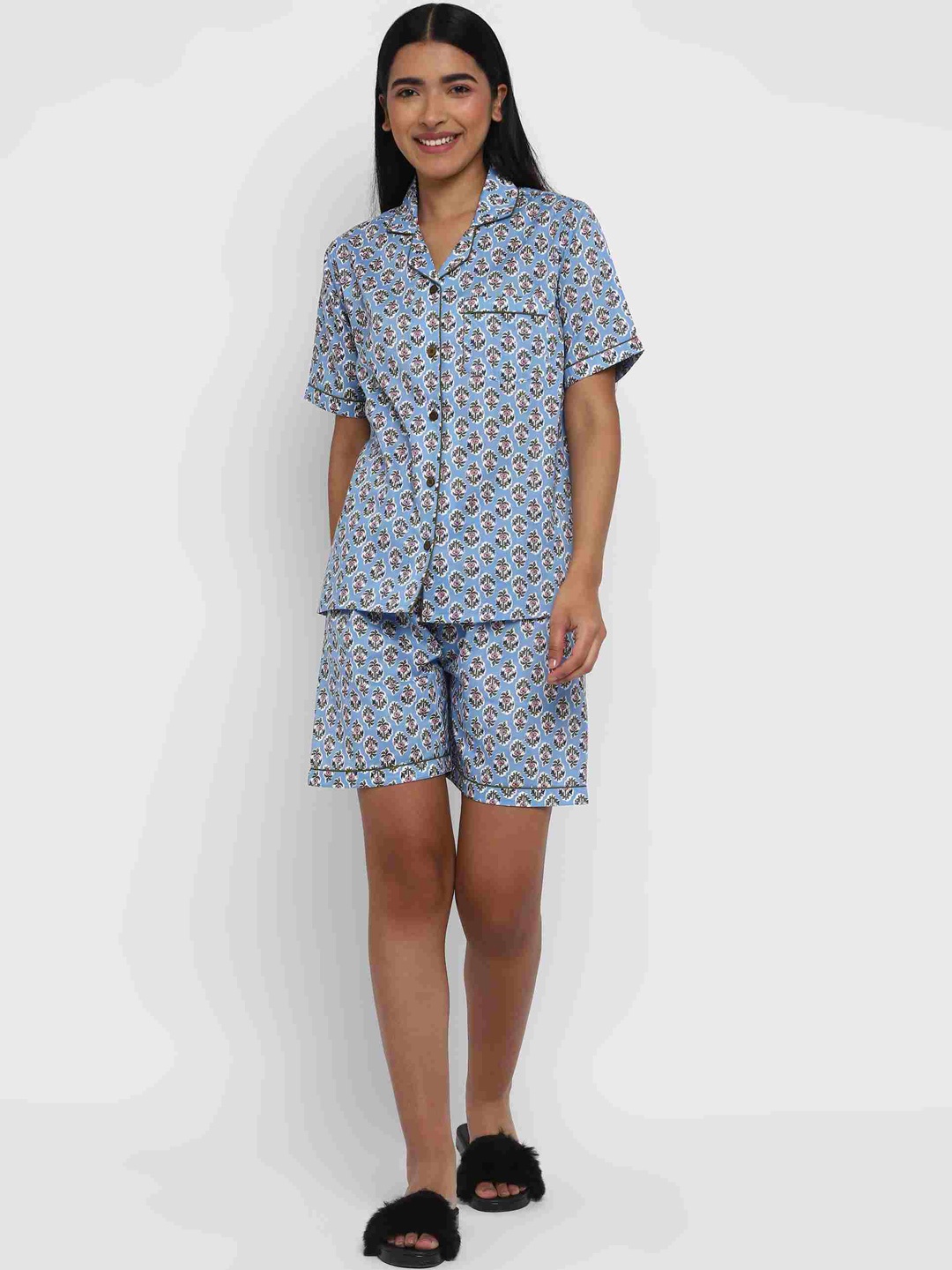

shopbloom Ethnic Motifs Printed Pure Cotton Night Suit, Blue