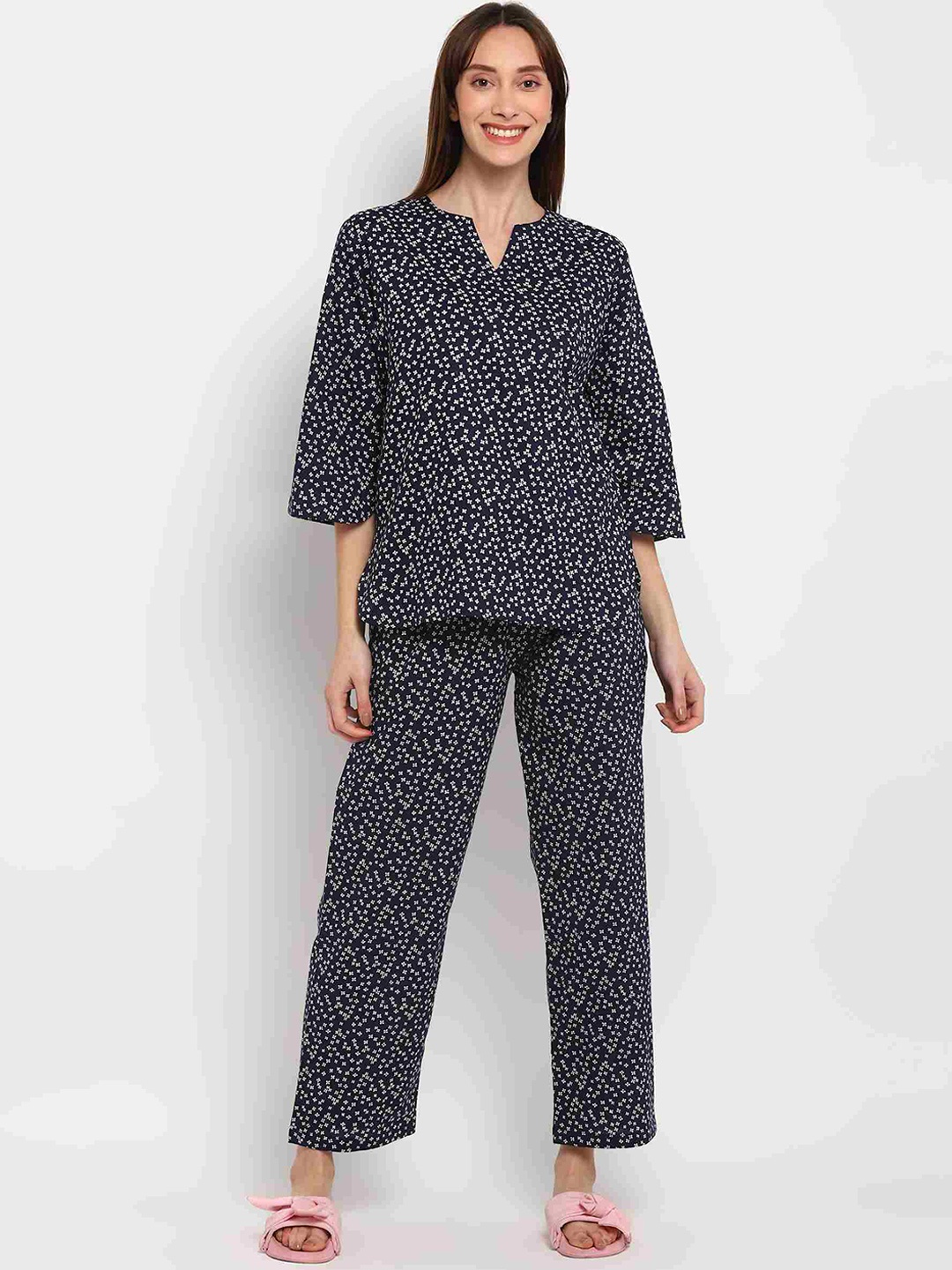shopbloom Floral Printed Pure Cotton Night Suit, Black