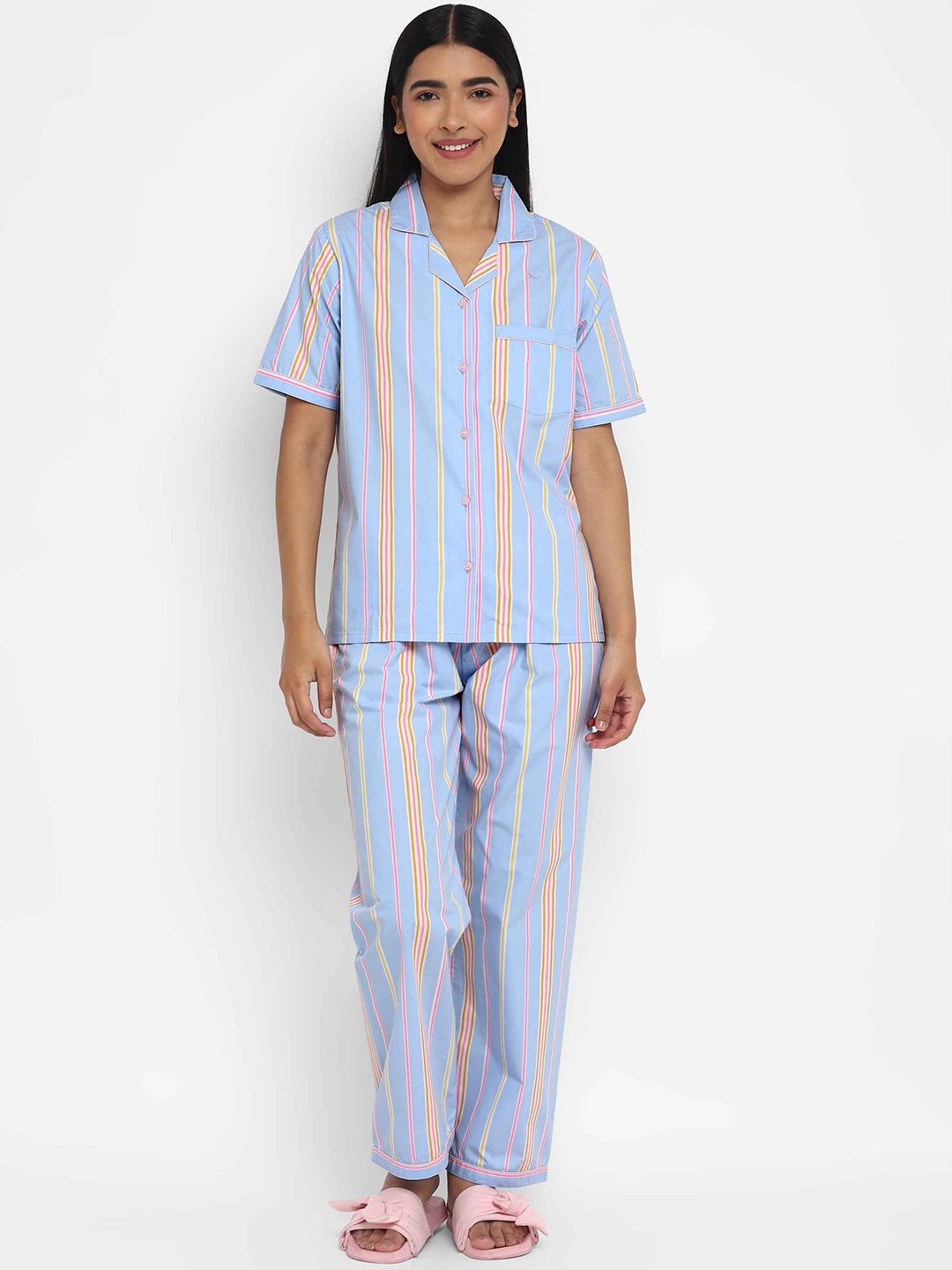 

shopbloom Women Blue & Yellow Striped Night suit