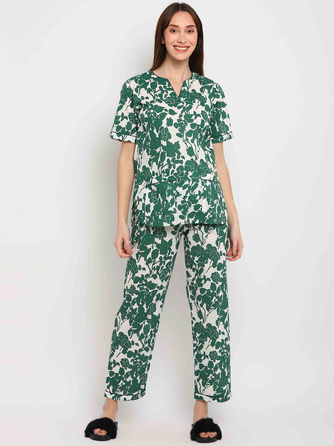 

shopbloom Floral Printed Pure Cotton Night Suit, Off white