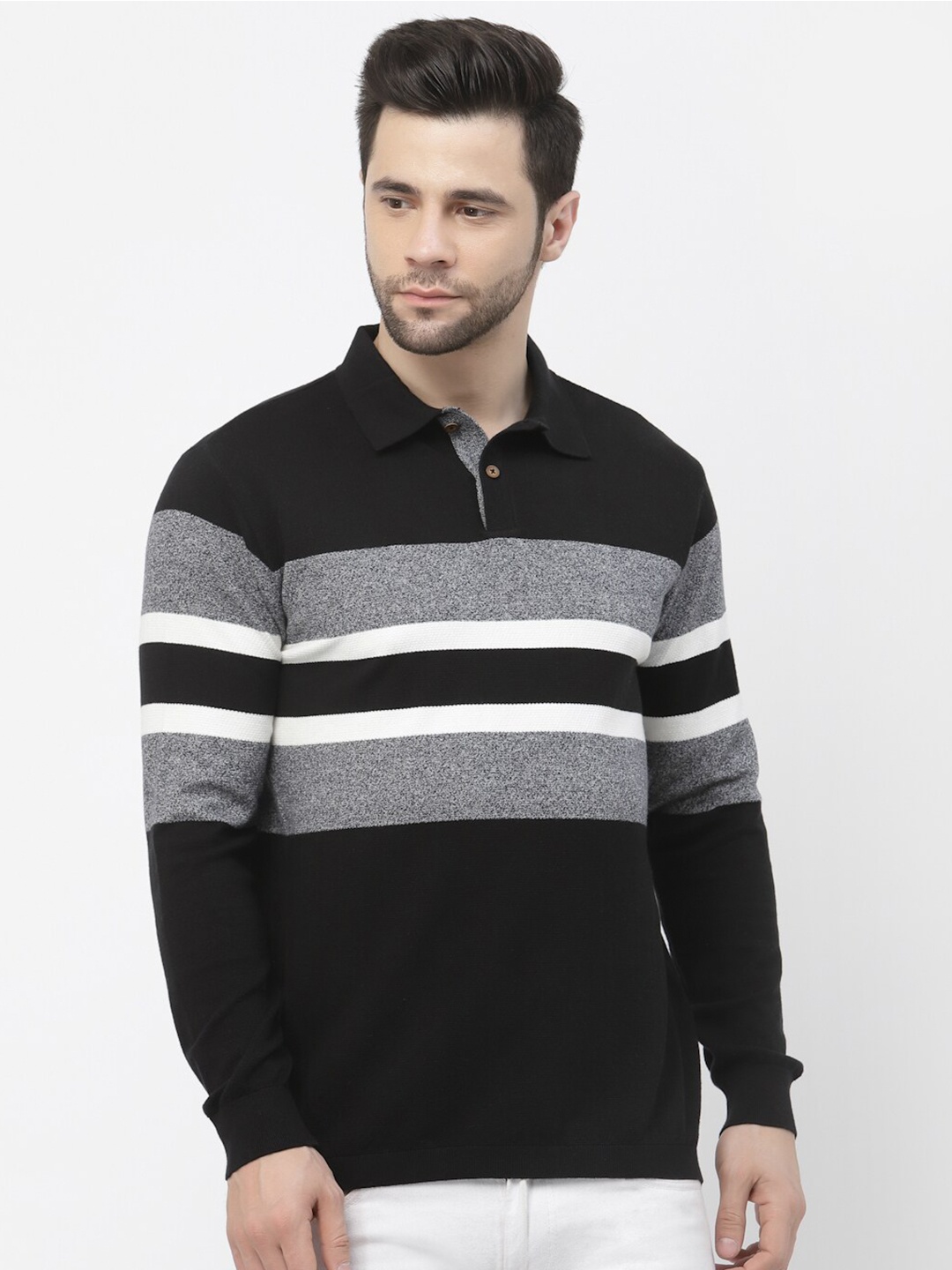 

Kalt Striped Long Sleeve Polo Collar Casual T-shirt, Black