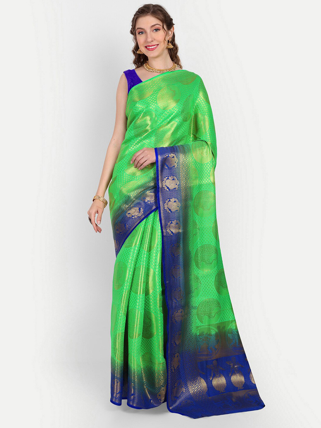 

Paramparik Textile Ethnic Motifs Woven Design Zari Pure Silk Banarasi Saree, Lime green