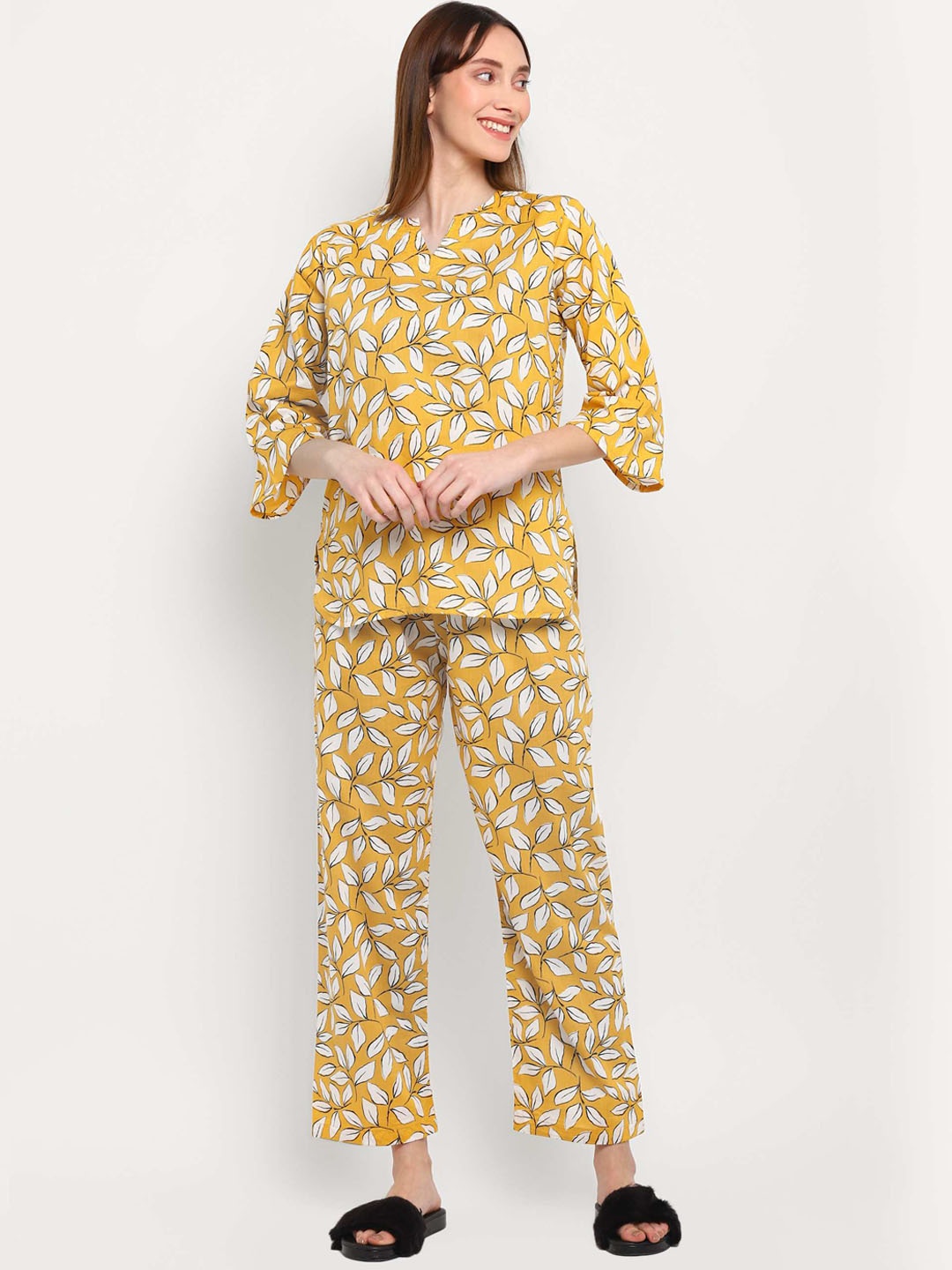 

shopbloom Floral Printed Pure Cotton Night Suit, Yellow