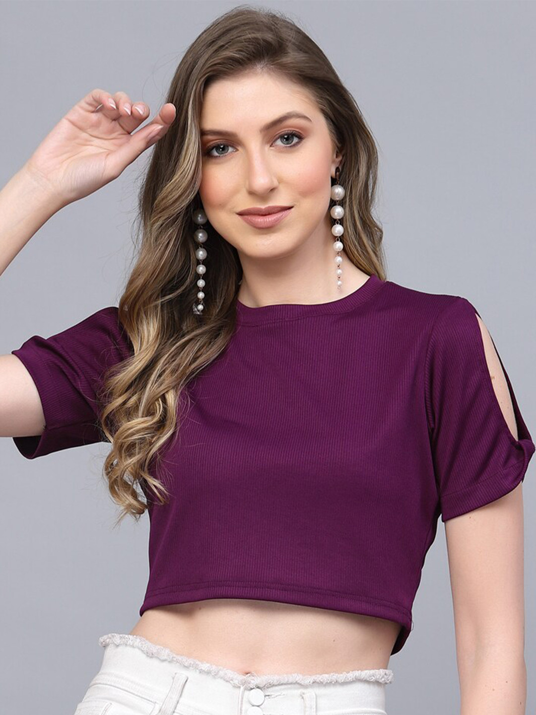 

Selvia Slit Sleeves Round Neck Crop Top, Purple