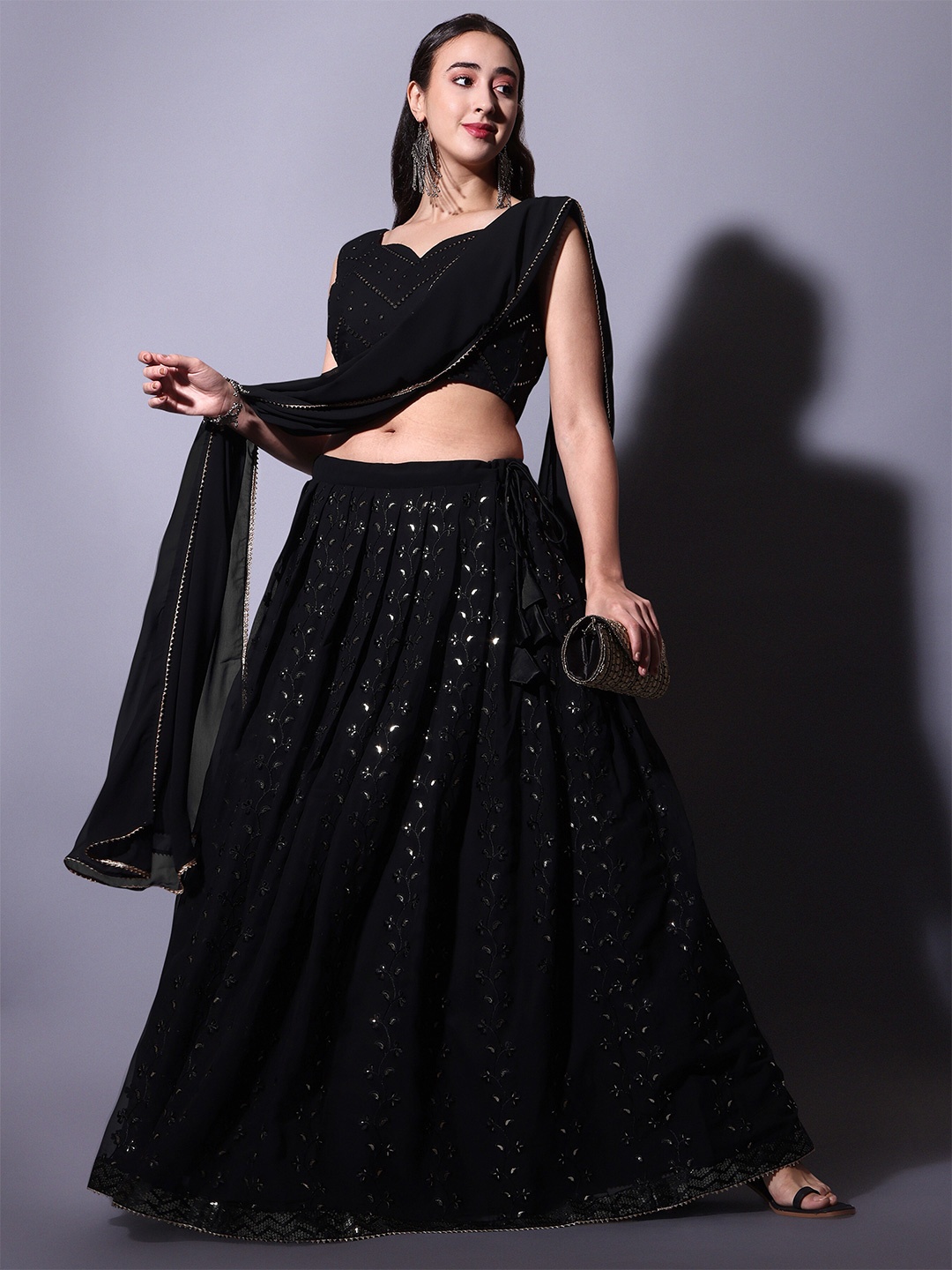 

ASPORA Black Embroidered Mirror Work Ready to Wear Lehenga Choli With Dupatta