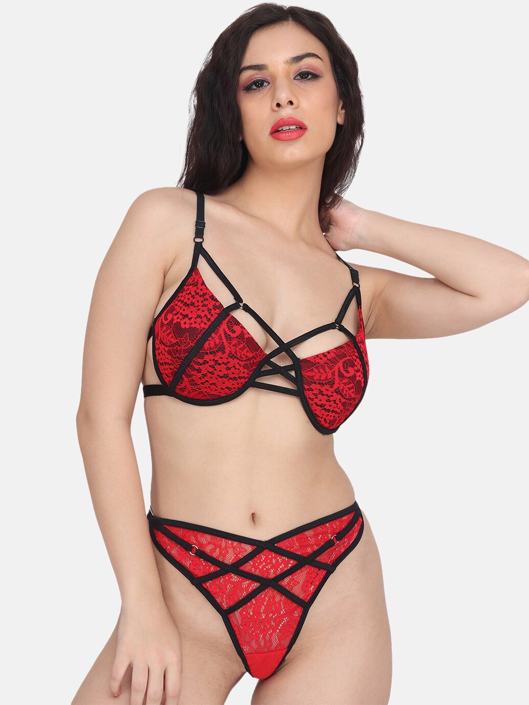 

CURWISH Printed Heavily Padded Bra With Thongs, Red