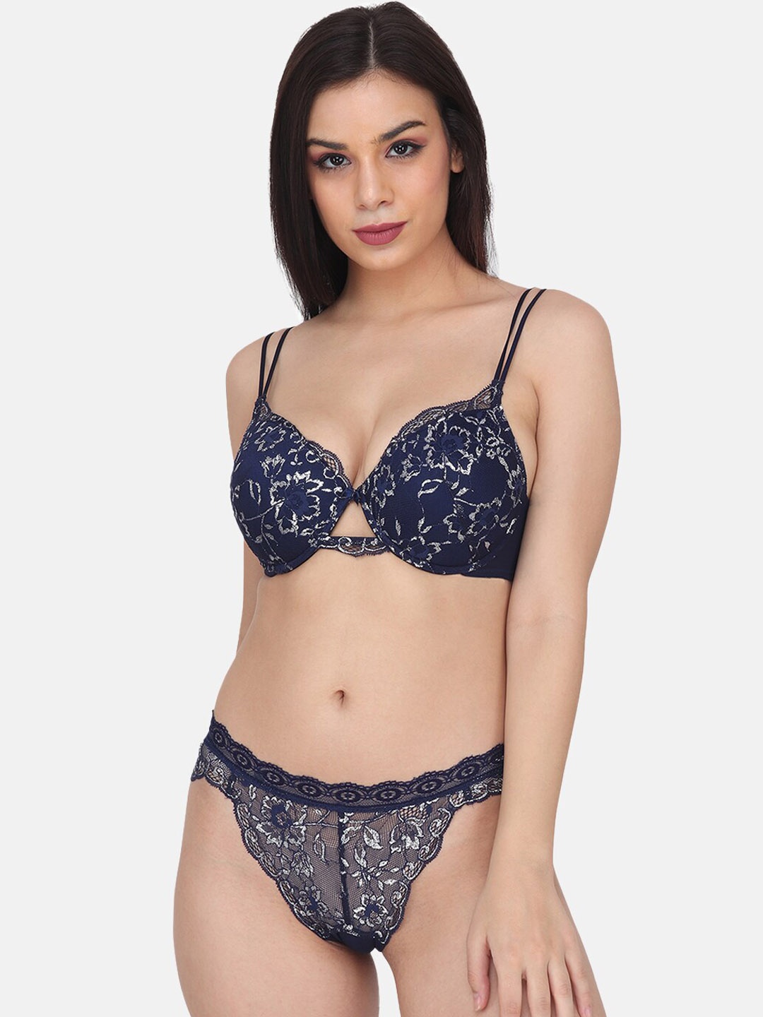 

CURWISH Self Design Laced Heavily Padded Underwired Bra With Bikini, Navy blue