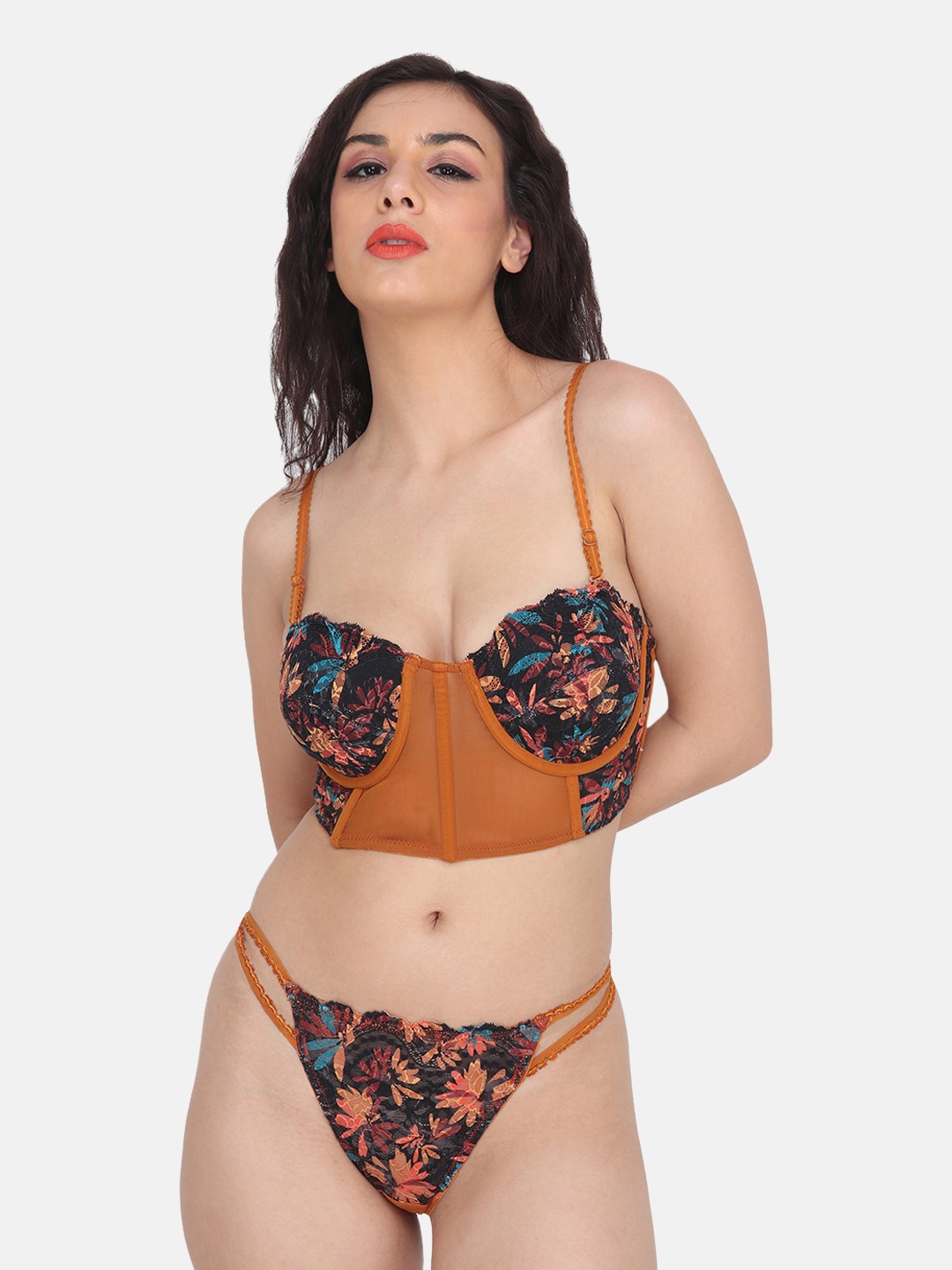 

CURWISH Self Design Heavily Padded Underwired Bra With Thongs, Mustard