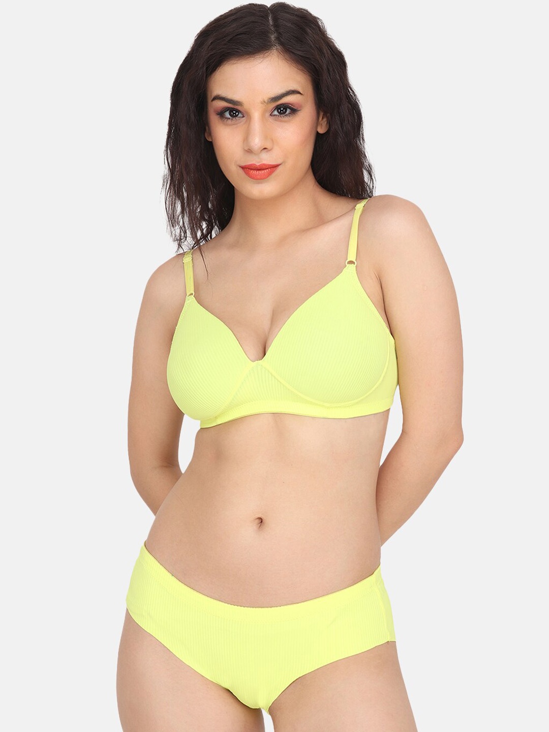 

CURWISH Self Design Light Padded Non-Wired Bra With Bikini, Fluorescent green