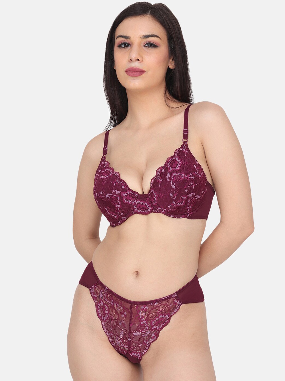 

CURWISH Self Design Laced Heavily Padded Underwired Bra With Bikini, Purple