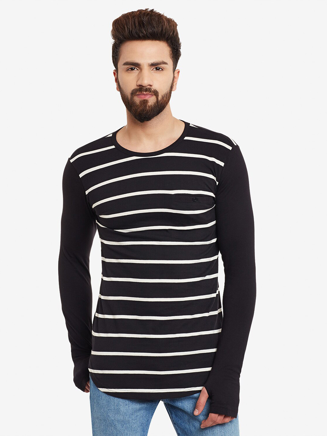 

Hypernation Striped Monochrome Cotton Sllim Fit T-shirt, Black