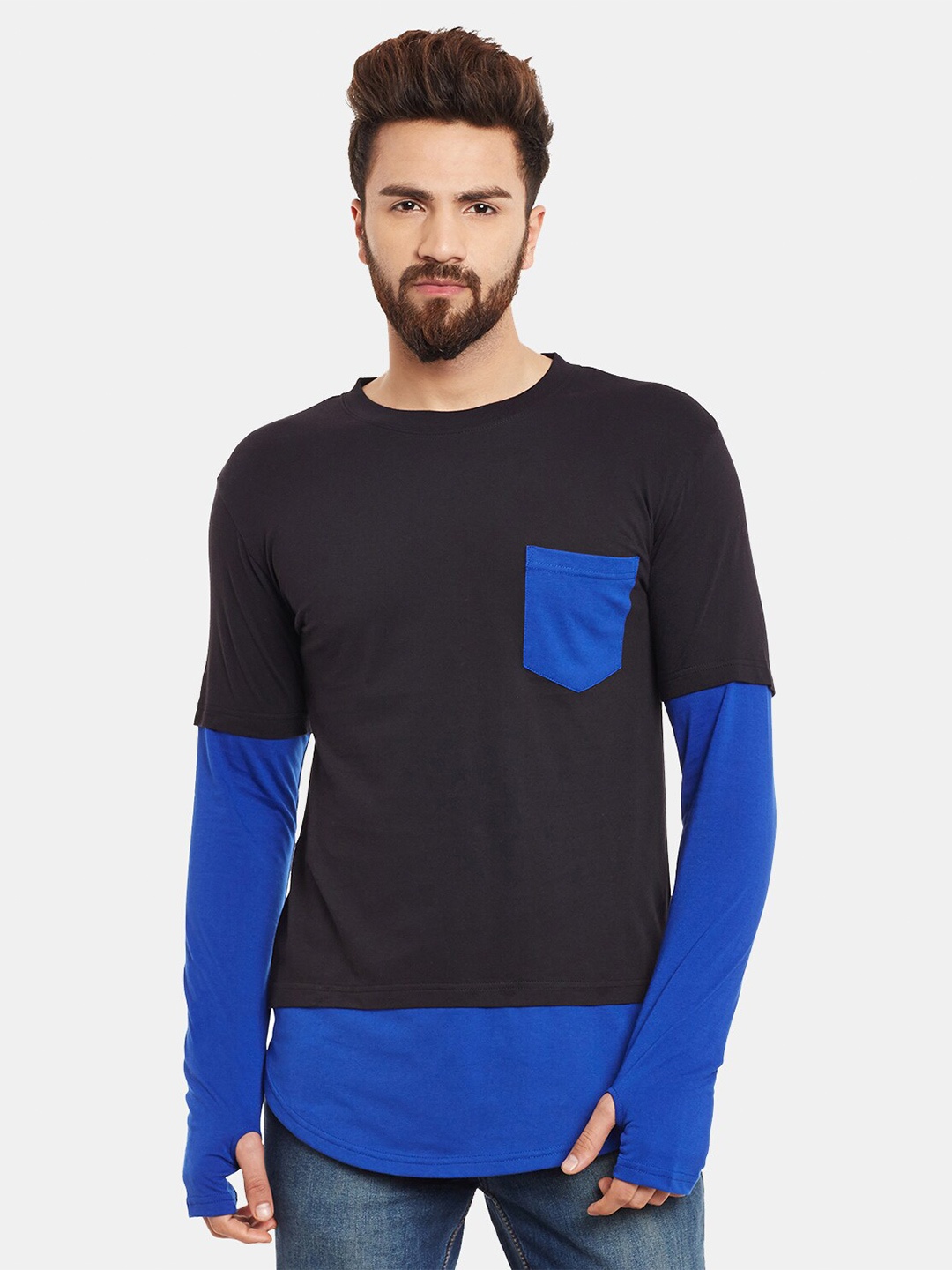 

Hypernation Colourblocked Long Sleeves Cotton Slim Fit T-shirt, Black