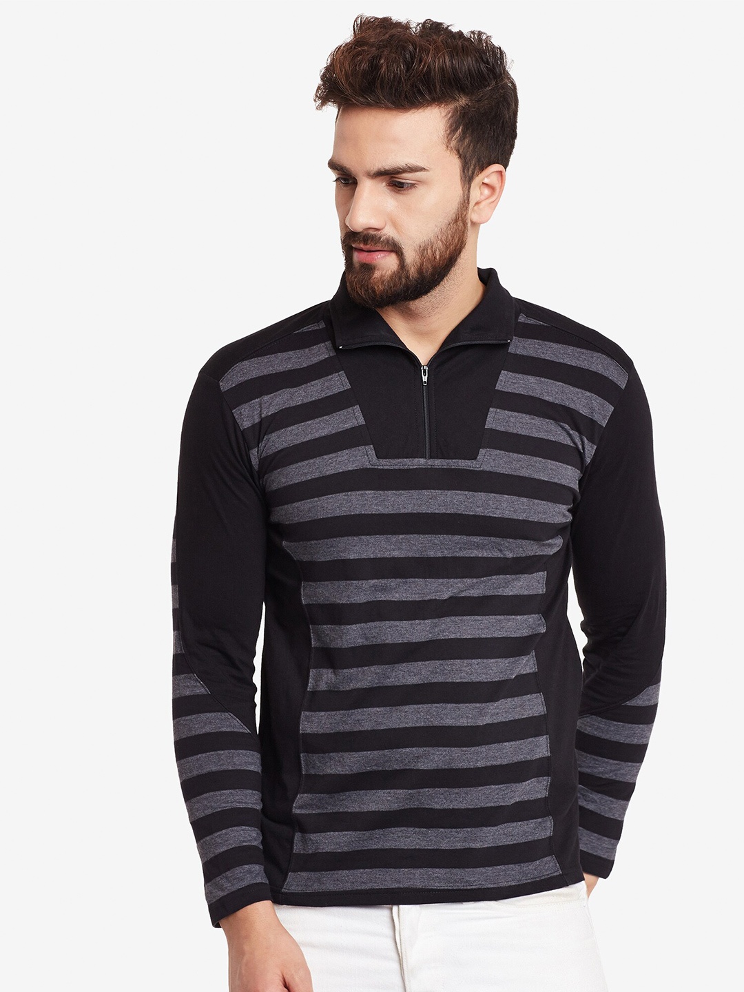

Hypernation Striped High Neck Cotton Slim Fit T-shirt, Black