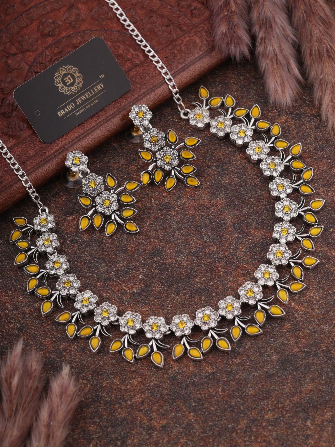 

Brado Jewellery Silver-Plated AD-Studded & Beaded Oxidised Jewellery Set, Yellow