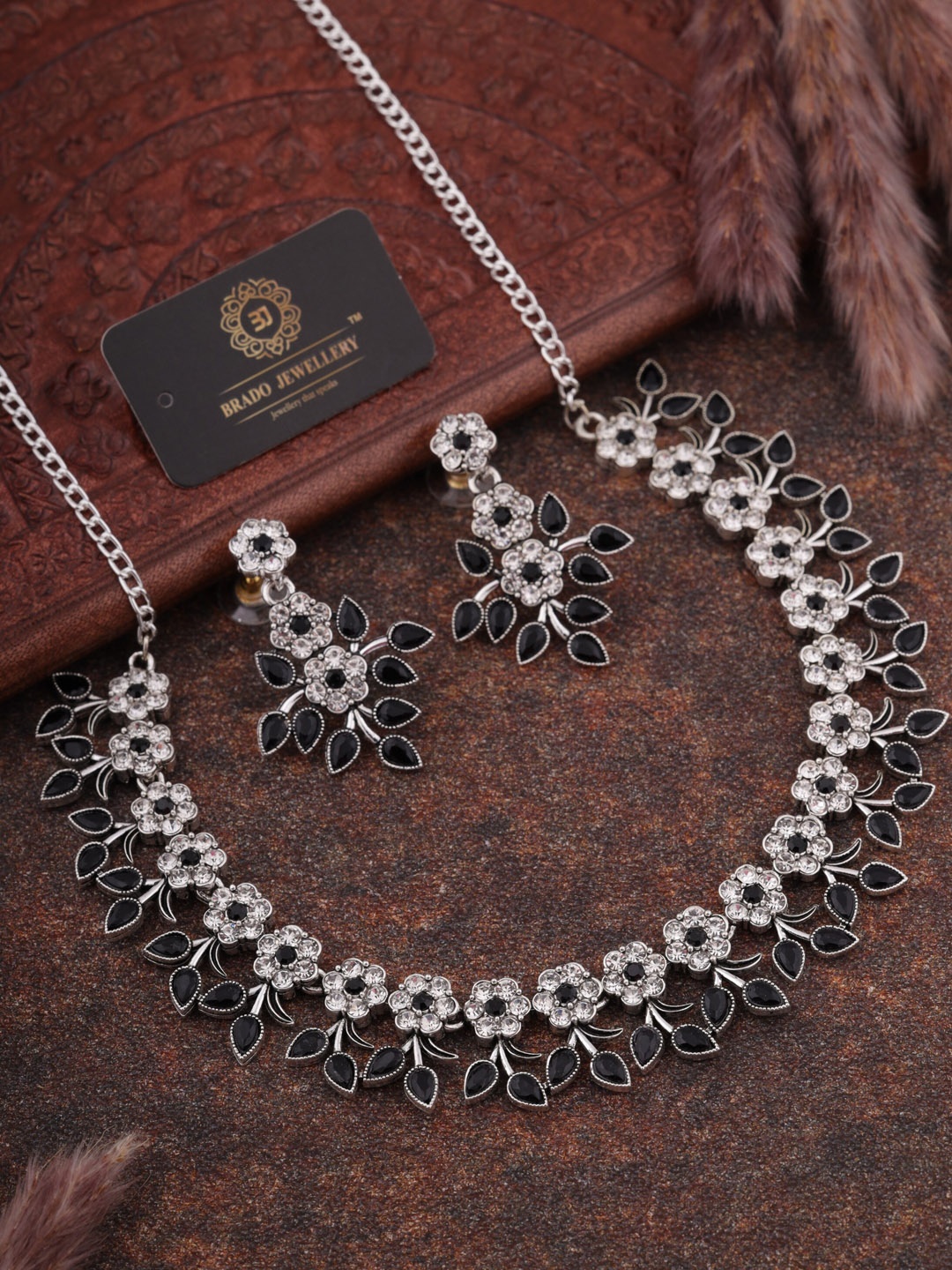 

Brado Jewellery Oxidised Silver Plated AD-Studded Jewellery Set, White