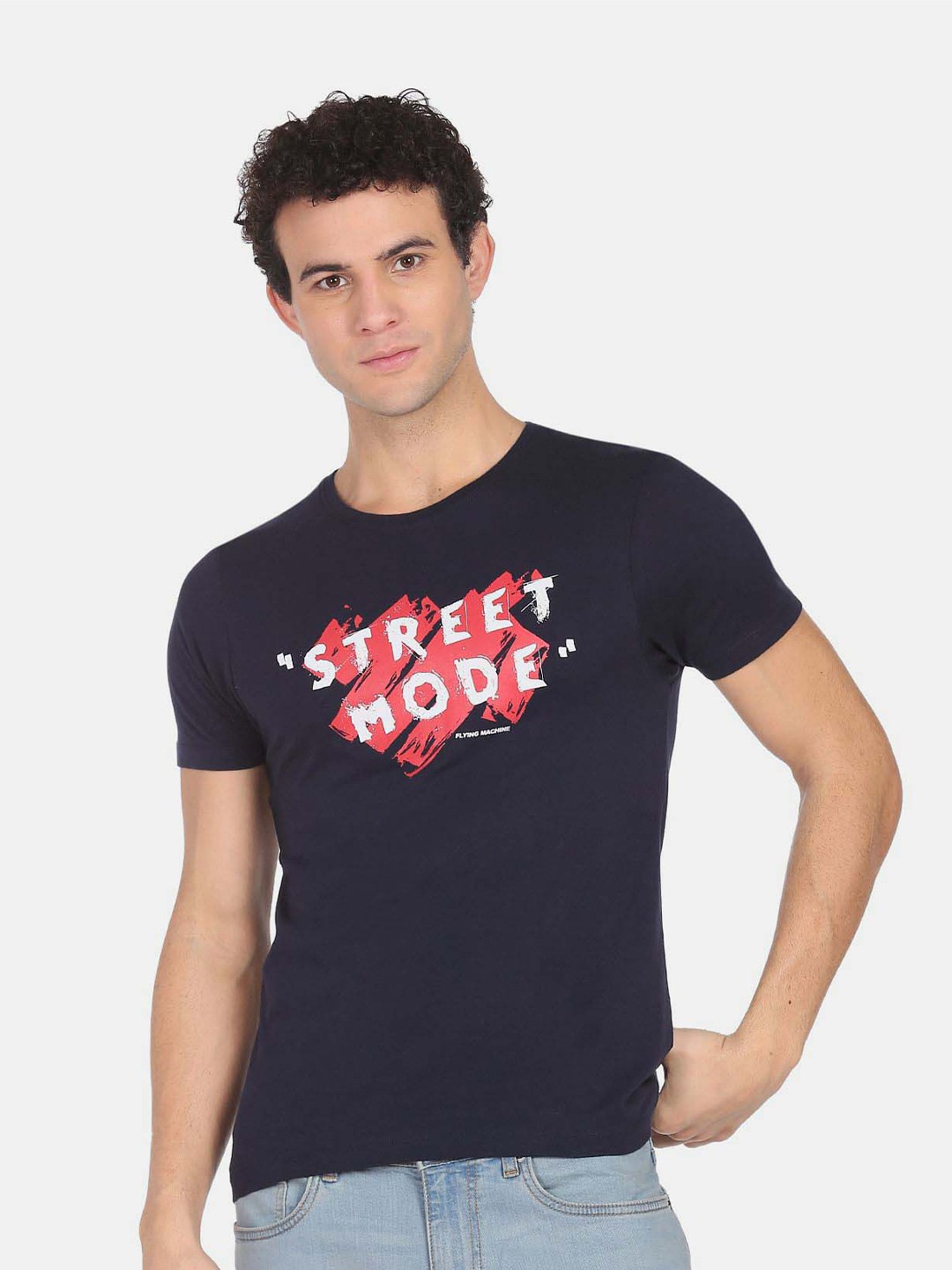 

Flying Machine Typography Printed Pure Cotton T-shirt, Navy blue