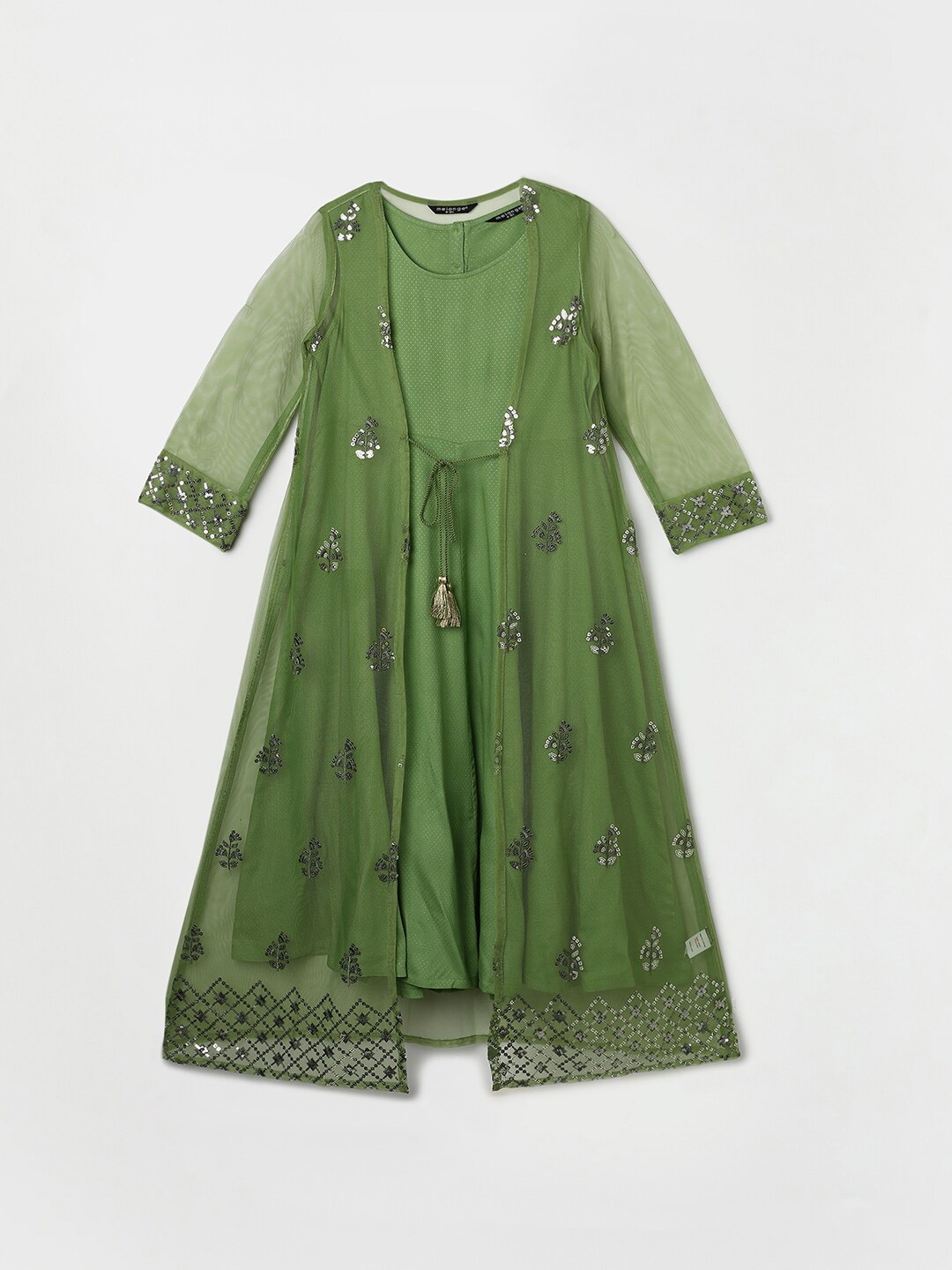 

Melange by Lifestyle Girls Self Design Layered A-Line Ethnic Dress, Green