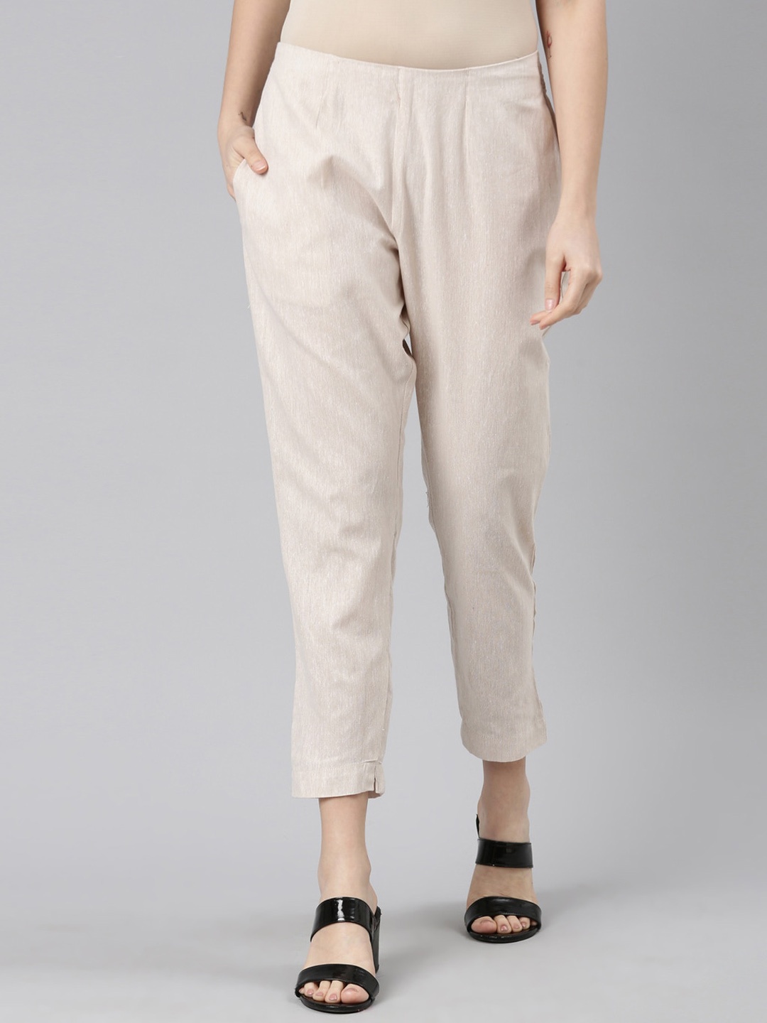 

Marcia Women Smart Slim Fit Mid-Rise Pure Cotton Trousers, Beige
