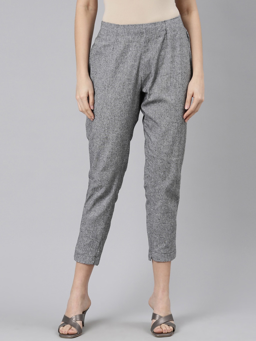 

Marcia Women Textured Smart Slim Fit Pure Cotton Trousers, Grey