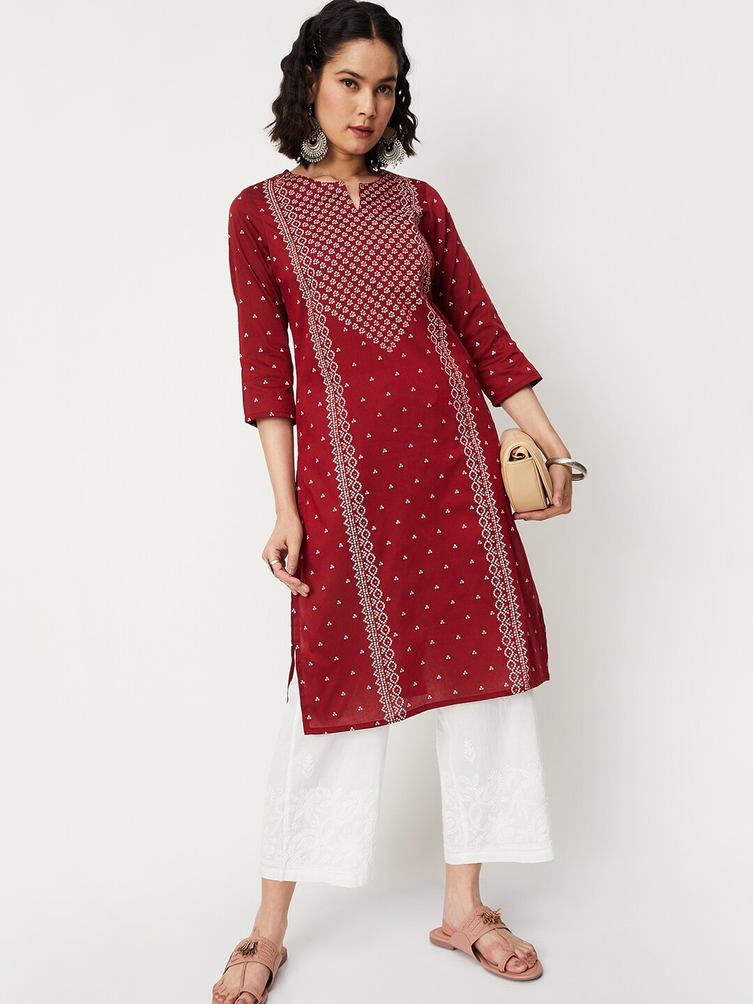 

max Bandhani Printed Round Neck Kurta, Maroon